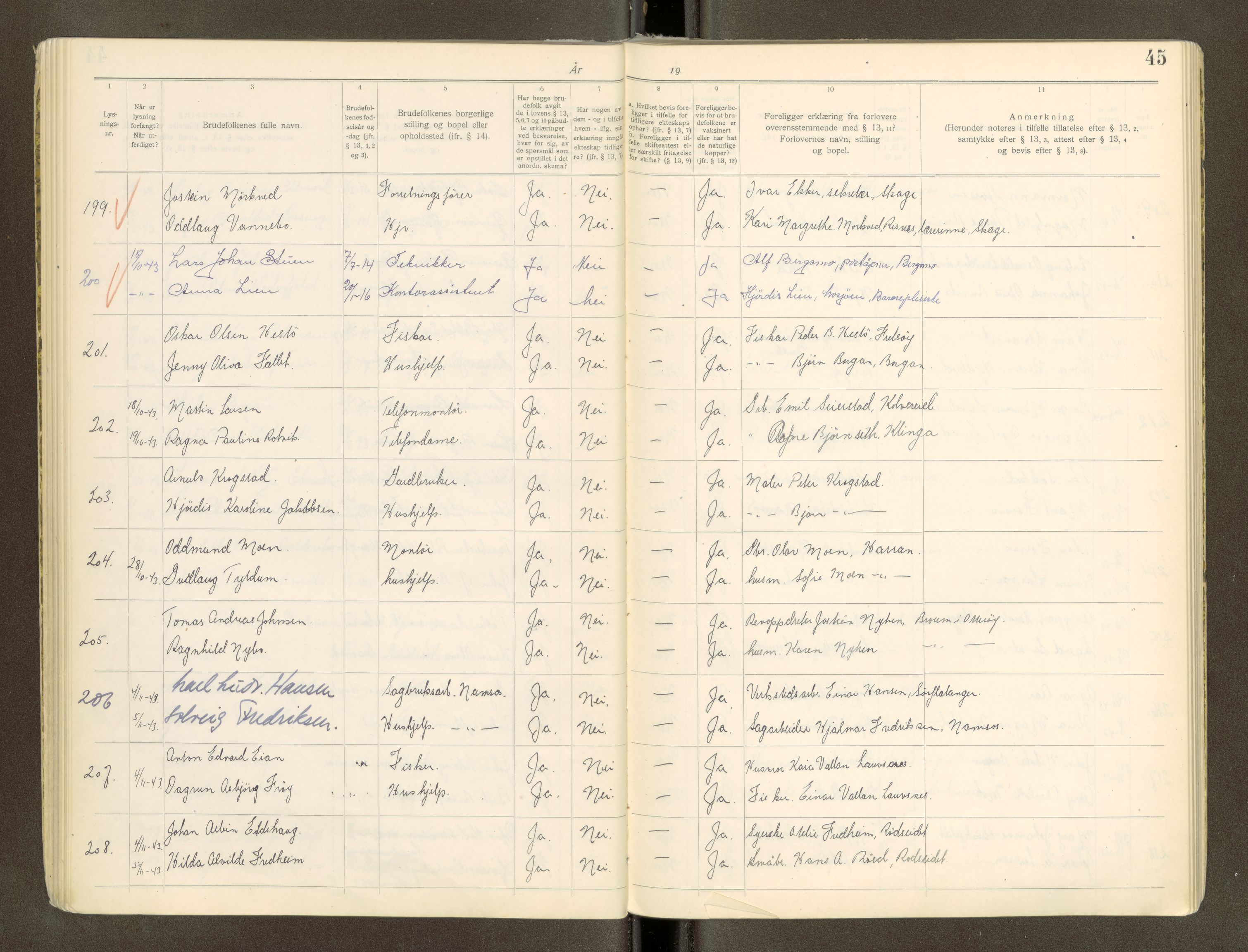 Namdal sorenskriveri, AV/SAT-A-4133/1/6/6D/L0002: Vigselbøker, 1940-1969, s. 45