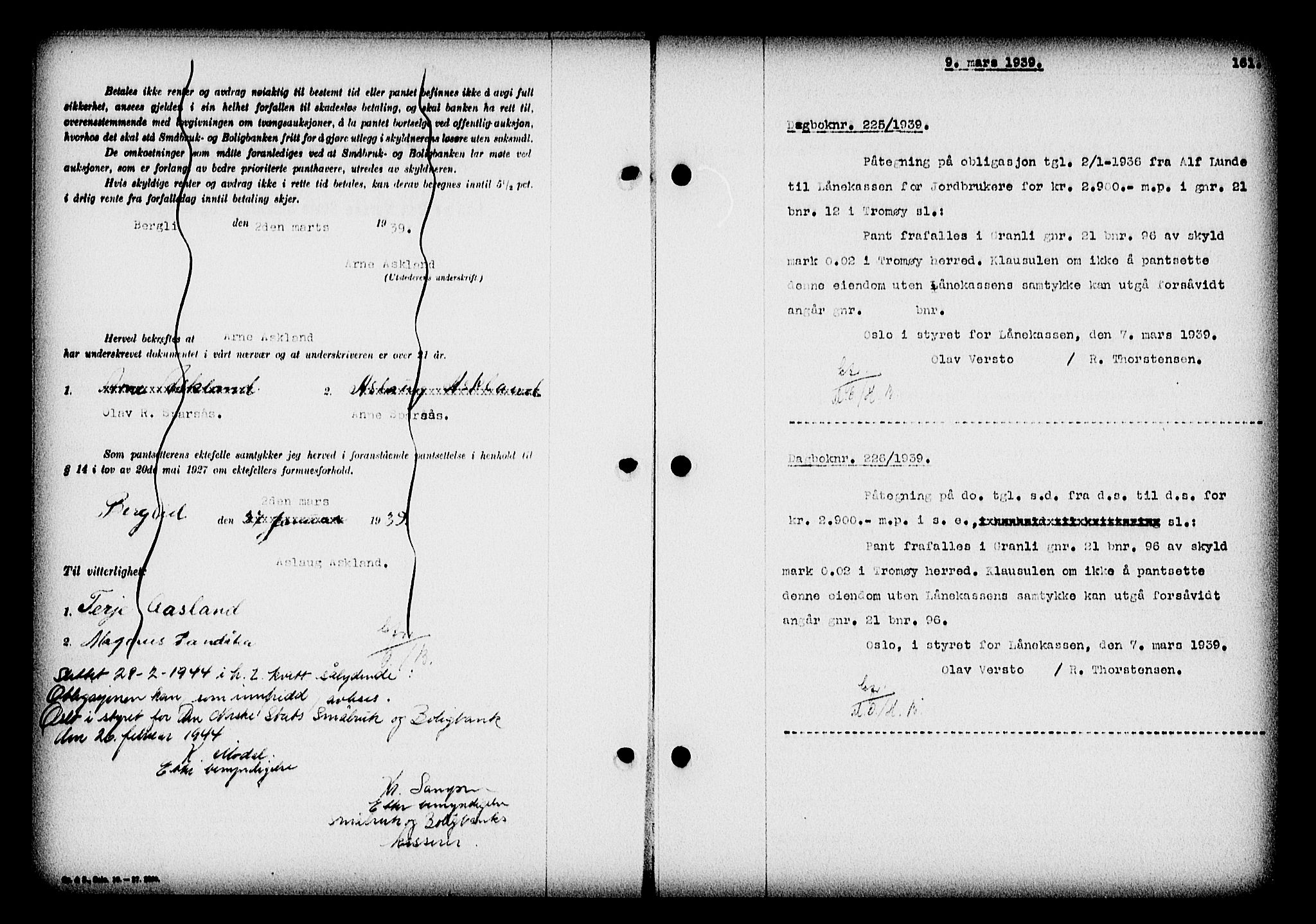 Nedenes sorenskriveri, SAK/1221-0006/G/Gb/Gba/L0046: Pantebok nr. 42, 1938-1939, Dagboknr: 225/1939