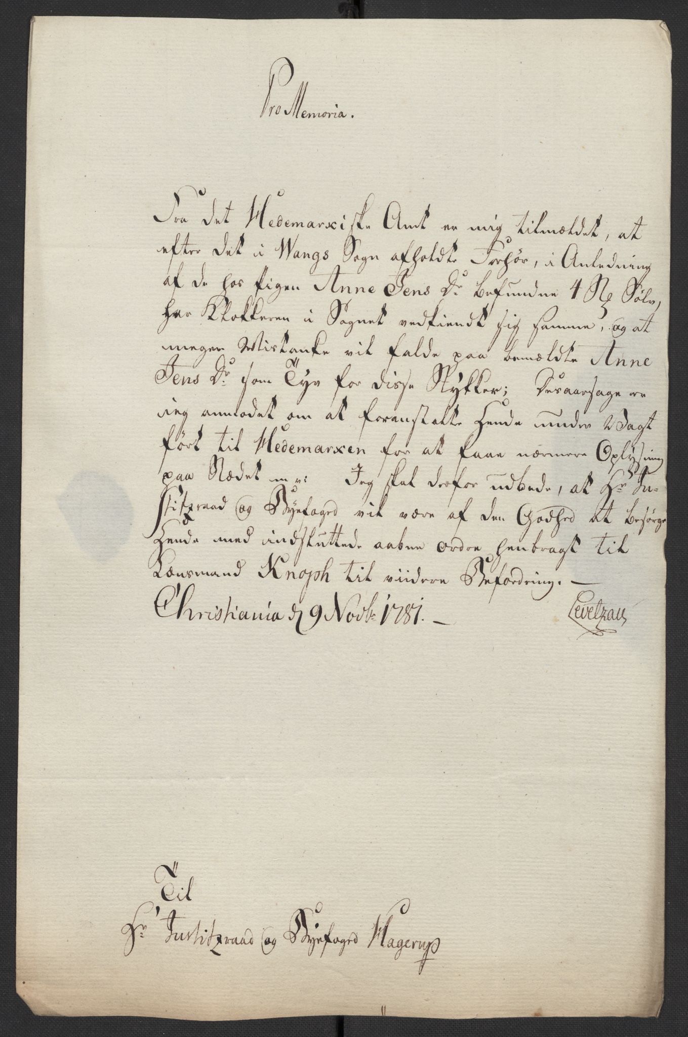 Oslo politidistrikt, AV/SAO-A-10085/D/Da/L0003: Innkomne brev, pro memoria m.v., 1781, s. 58