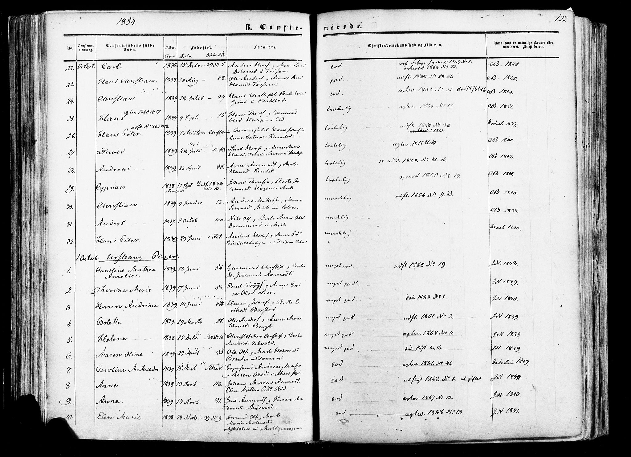Aurskog prestekontor Kirkebøker, AV/SAO-A-10304a/F/Fa/L0007: Ministerialbok nr. I 7, 1854-1877, s. 122