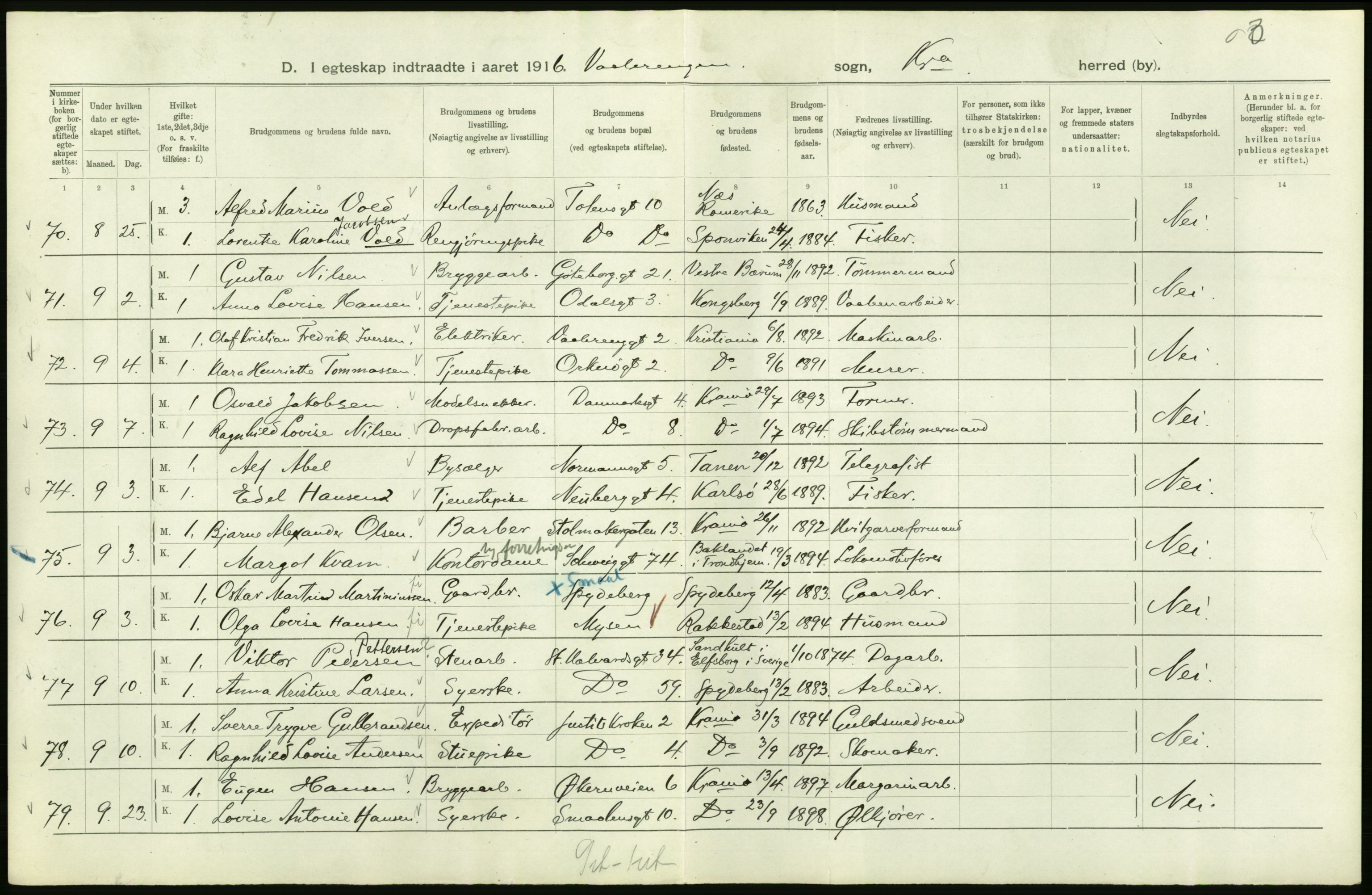 Statistisk sentralbyrå, Sosiodemografiske emner, Befolkning, AV/RA-S-2228/D/Df/Dfb/Dfbf/L0008: Kristiania: Gifte, 1916, s. 808