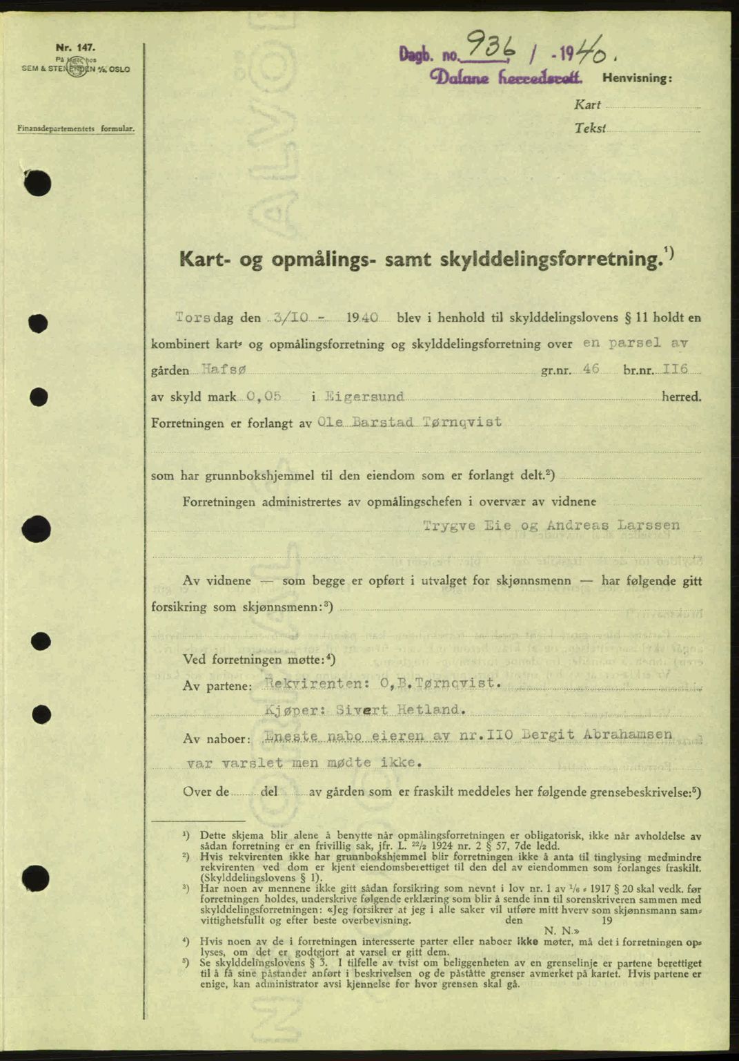 Dalane sorenskriveri, SAST/A-100309/02/G/Gb/L0044: Pantebok nr. A5, 1940-1941, Dagboknr: 936/1940