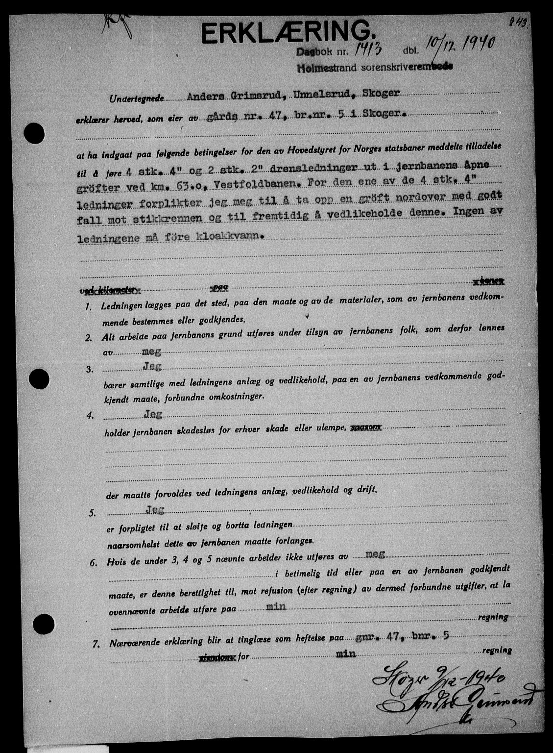 Holmestrand sorenskriveri, SAKO/A-67/G/Ga/Gaa/L0052: Pantebok nr. A-52, 1940-1941, Dagboknr: 1413/1940