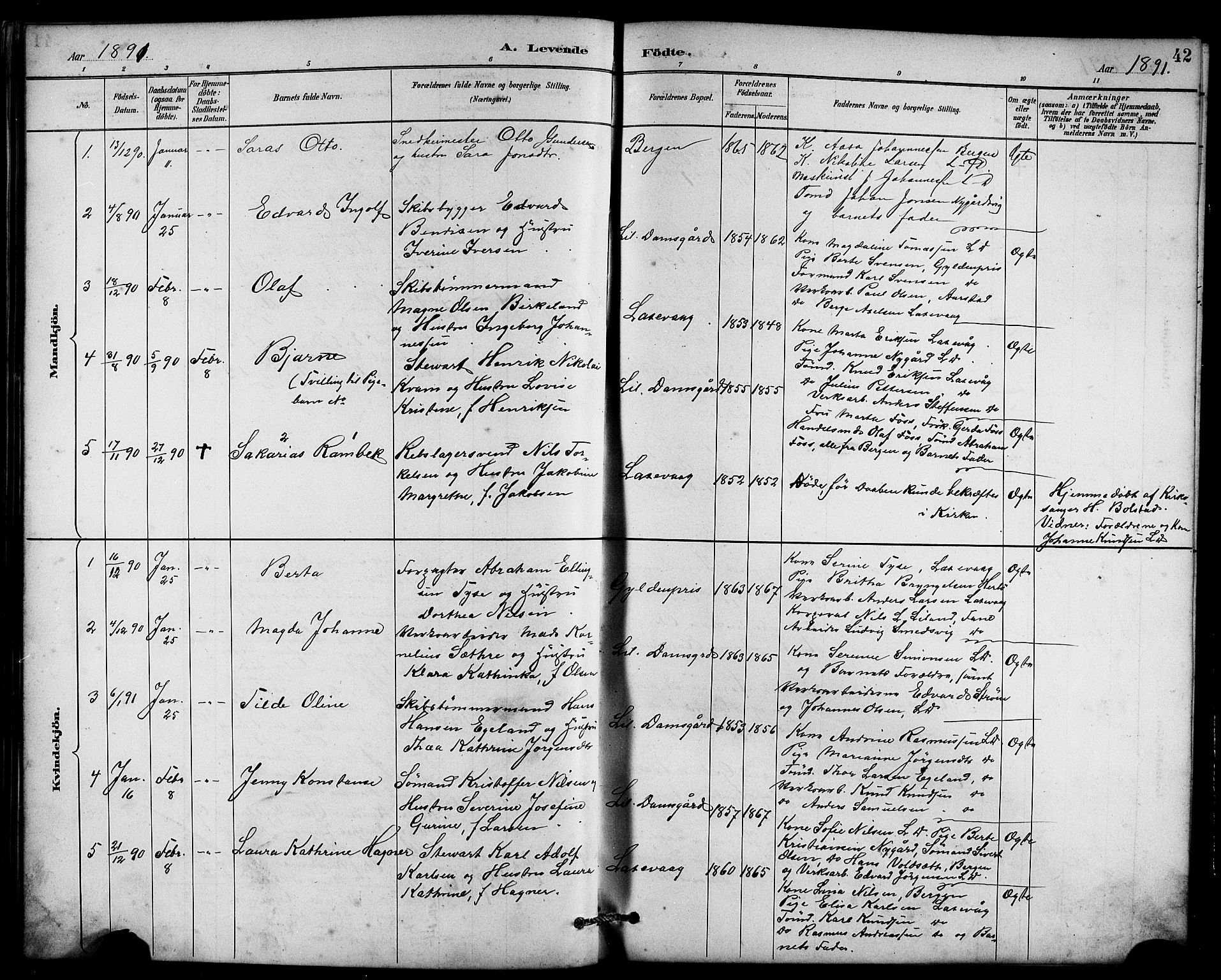 Laksevåg Sokneprestembete, AV/SAB-A-76501/H/Ha/Hab/Haba/L0003: Klokkerbok nr. A 3, 1887-1899, s. 42