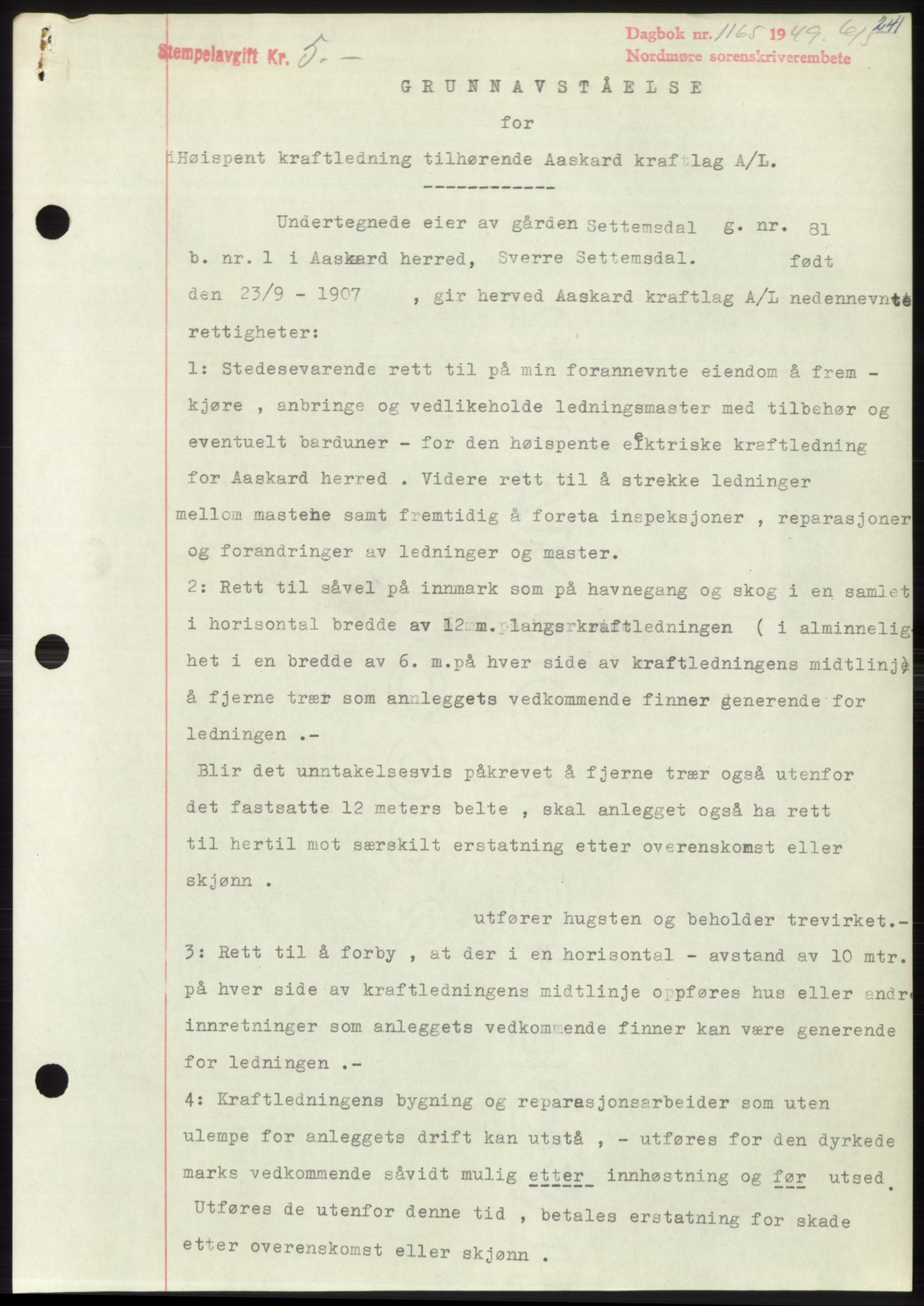 Nordmøre sorenskriveri, SAT/A-4132/1/2/2Ca: Pantebok nr. B101, 1949-1949, Dagboknr: 1165/1949