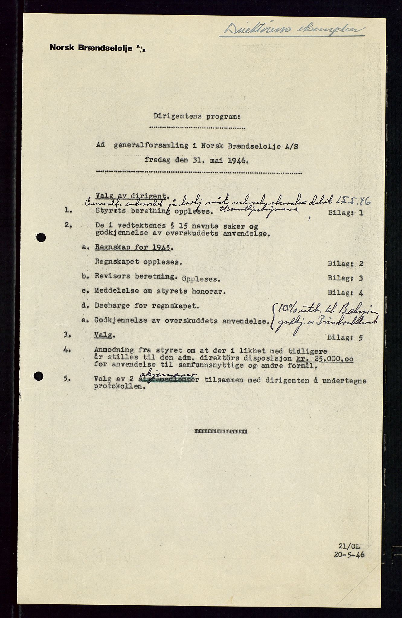 PA 1544 - Norsk Brændselolje A/S, SAST/A-101965/1/A/Aa/L0004/0002: Generalforsamling / Generalforsam,ing 1945, 1946, 1945-1946, s. 87