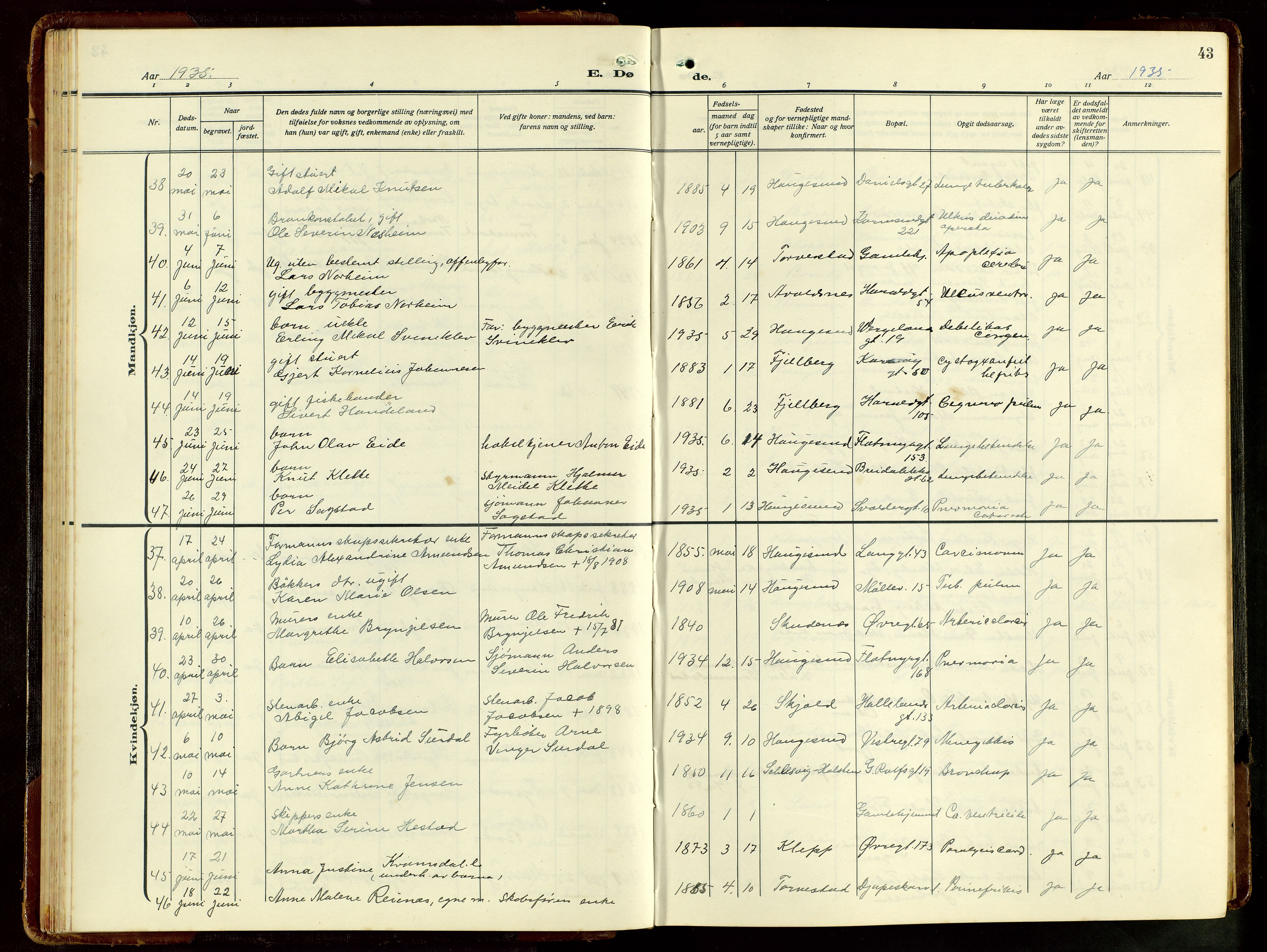 Haugesund sokneprestkontor, AV/SAST-A -101863/H/Ha/Hab/L0012: Klokkerbok nr. B 12, 1930-1958, s. 43