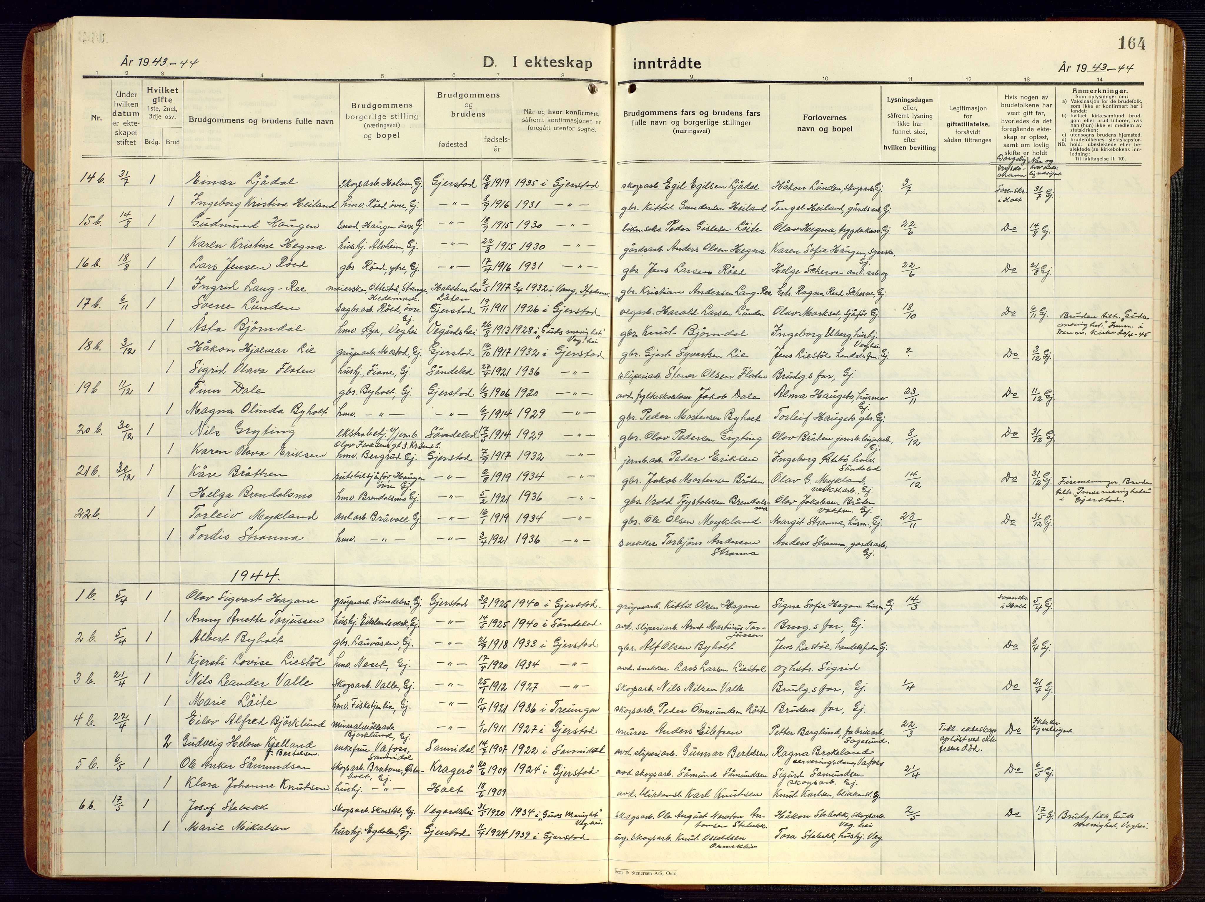 Gjerstad sokneprestkontor, SAK/1111-0014/F/Fb/Fba/L0009: Klokkerbok nr. B 9, 1925-1946, s. 164