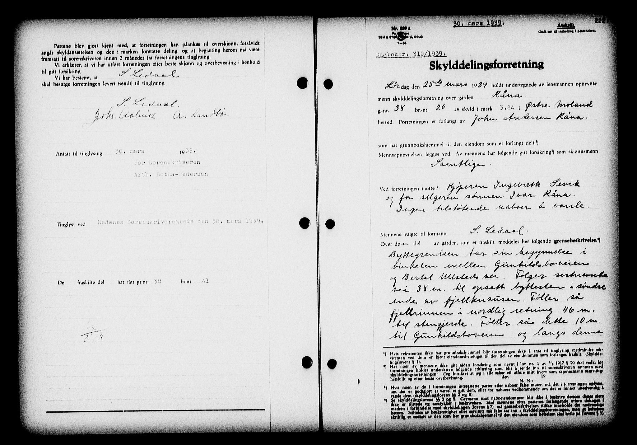 Nedenes sorenskriveri, SAK/1221-0006/G/Gb/Gba/L0046: Pantebok nr. 42, 1938-1939, Dagboknr: 310/1939