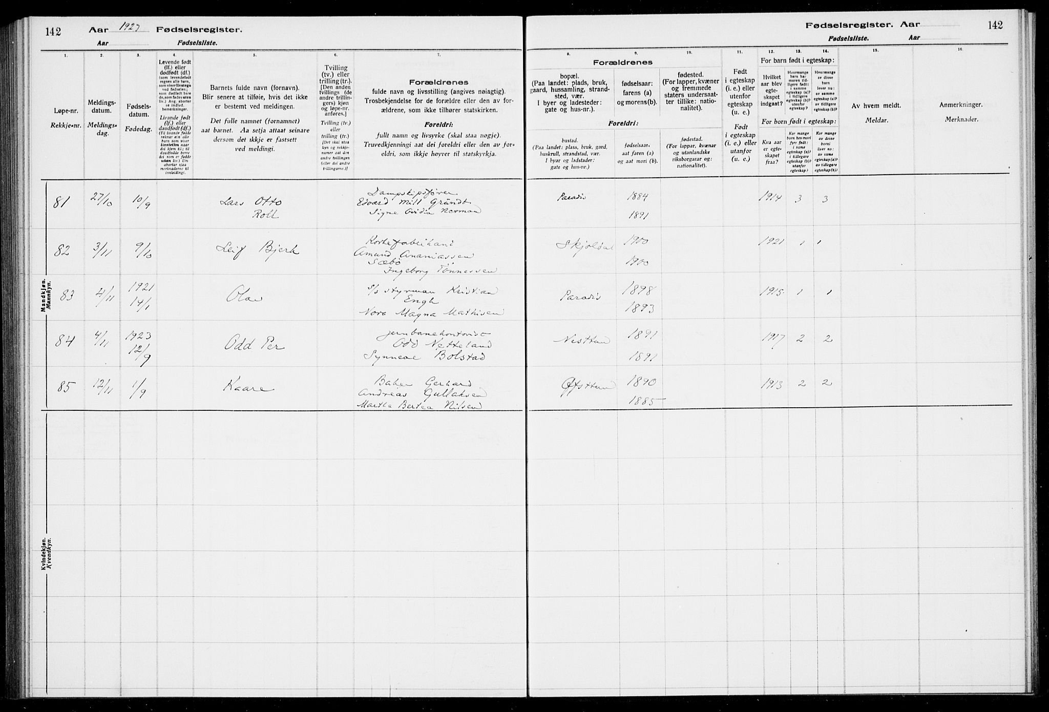 Birkeland Sokneprestembete, AV/SAB-A-74601/I/Id/L00A1: Fødselsregister nr. A 1, 1916-1926, s. 142