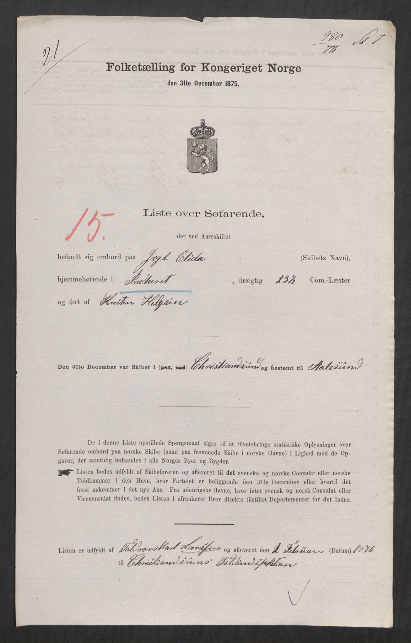 RA, Folketelling 1875, skipslister: Skip i innenrikske havner, hjemmehørende i 1) landdistrikter, 2) forskjellige steder, 3) utlandet, 1875, s. 354