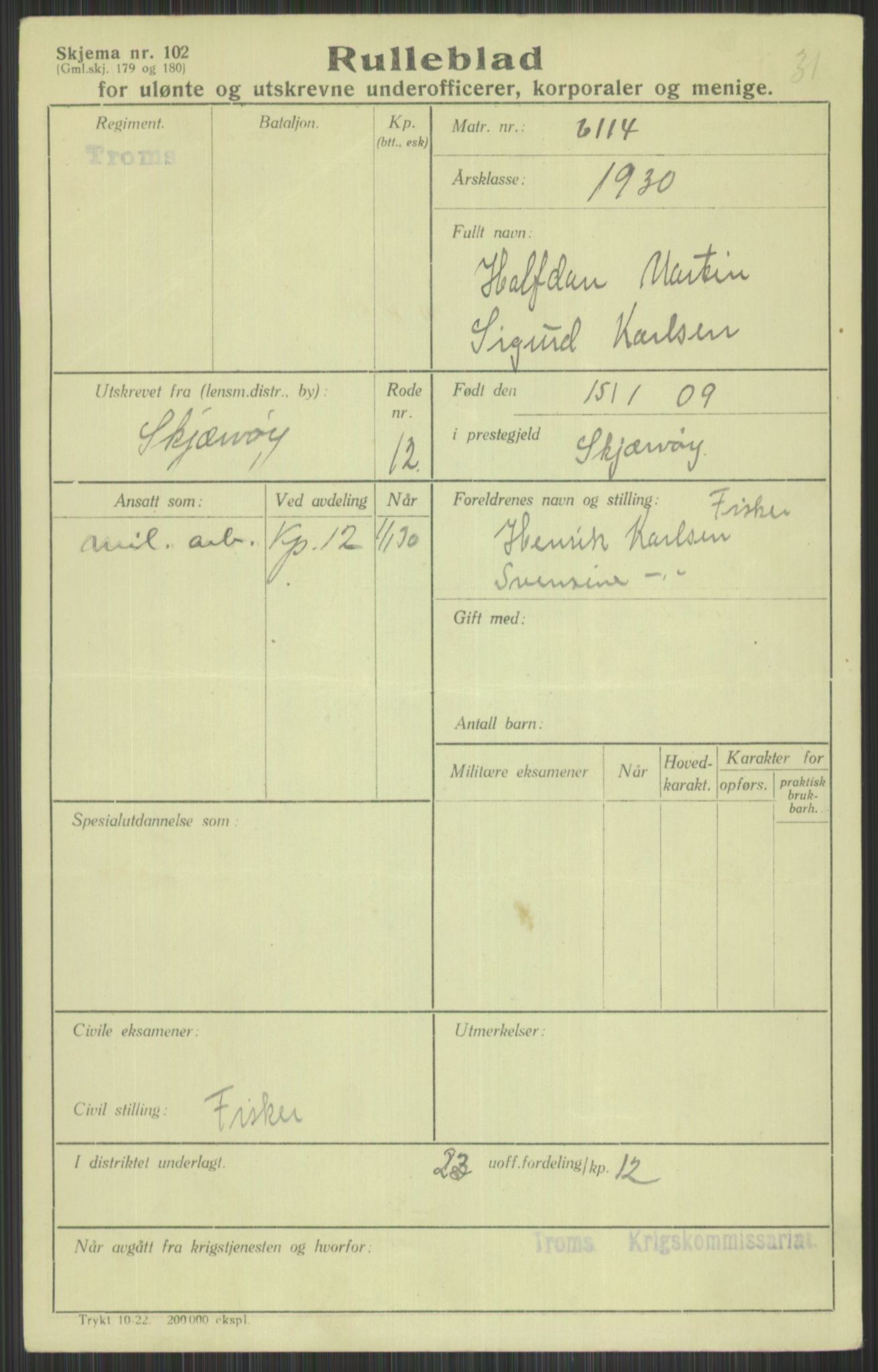 Forsvaret, Troms infanteriregiment nr. 16, AV/RA-RAFA-3146/P/Pa/L0014: Rulleblad for regimentets menige mannskaper, årsklasse 1930, 1930, s. 487