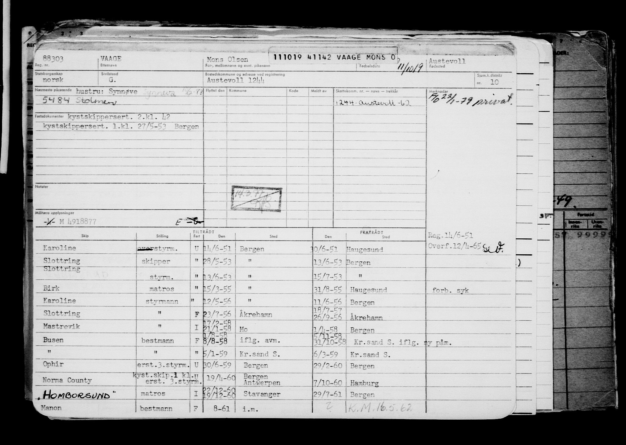 Direktoratet for sjømenn, RA/S-3545/G/Gb/L0172: Hovedkort, 1919, s. 611