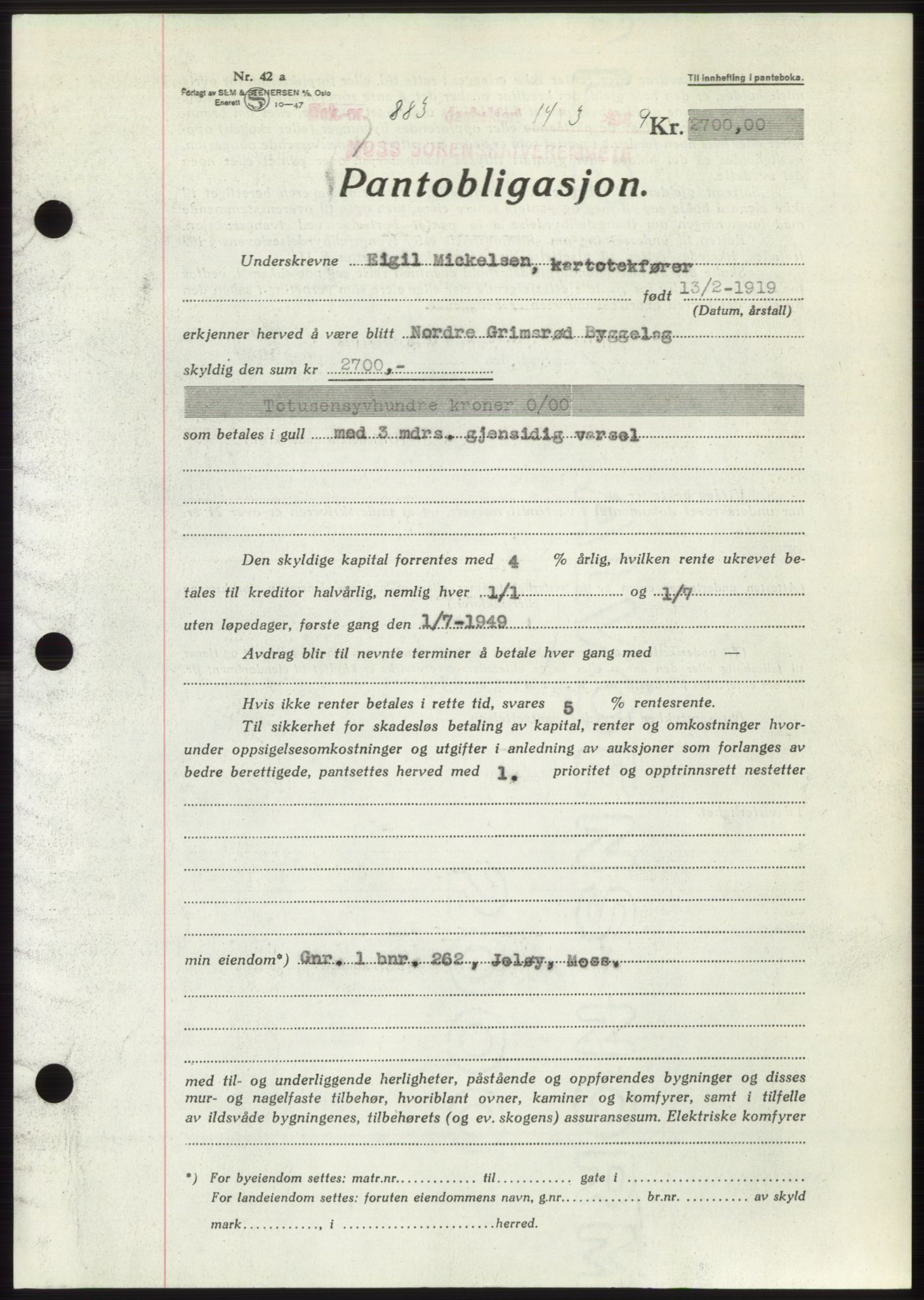 Moss sorenskriveri, SAO/A-10168: Pantebok nr. B21, 1949-1949, Dagboknr: 883/1949