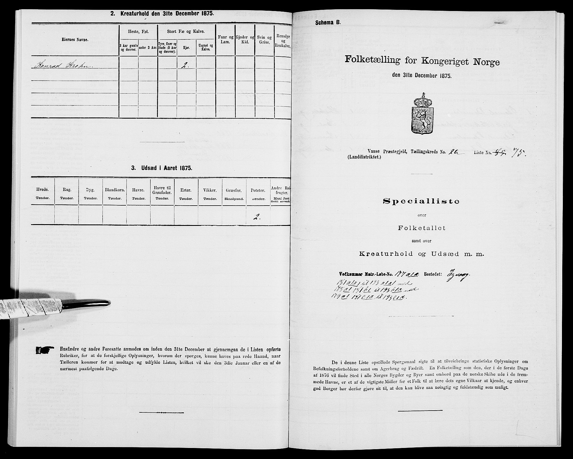 SAK, Folketelling 1875 for 1041L Vanse prestegjeld, Vanse sokn og Farsund landsokn, 1875, s. 450