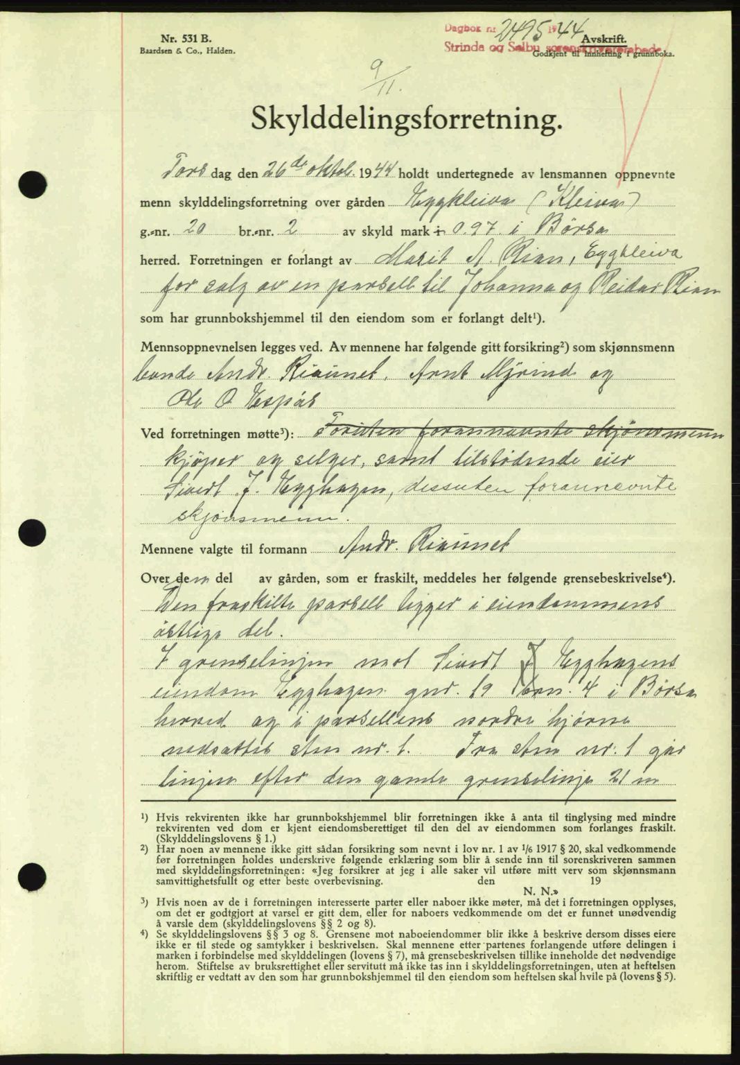 Strinda og Selbu sorenskriveri, SAT/A-0015/2/2C: Pantebok nr. A9, 1944-1945, Dagboknr: 2495/1944