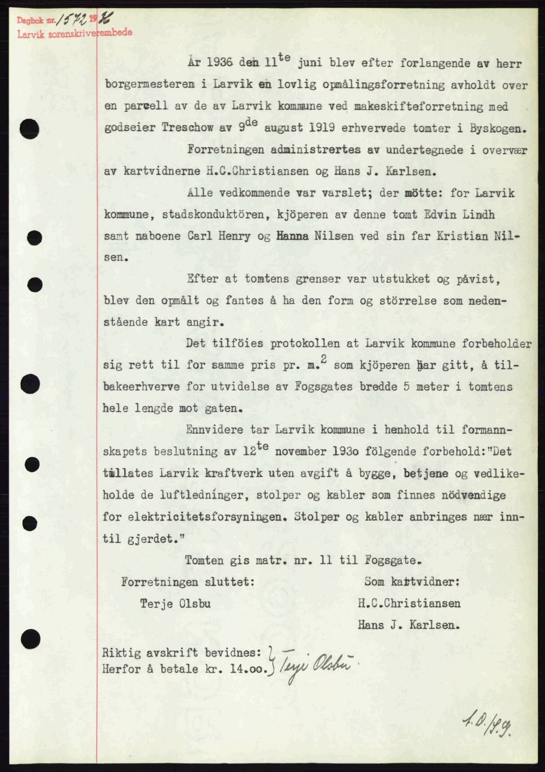Larvik sorenskriveri, SAKO/A-83/G/Ga/Gab/L0067: Pantebok nr. A-1, 1936-1937, Dagboknr: 1572/1936