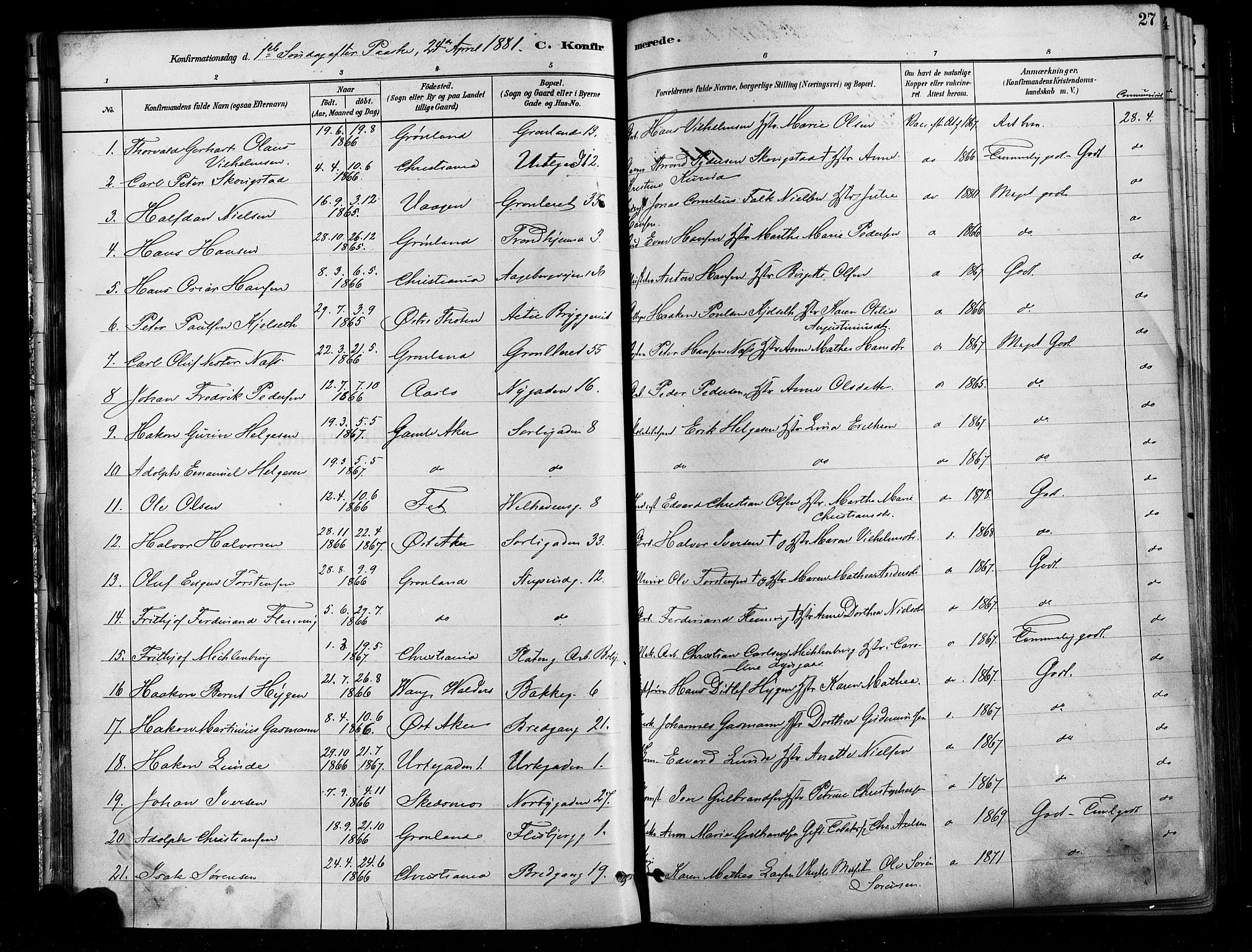 Grønland prestekontor Kirkebøker, AV/SAO-A-10848/F/Fa/L0008: Ministerialbok nr. 8, 1881-1893, s. 27