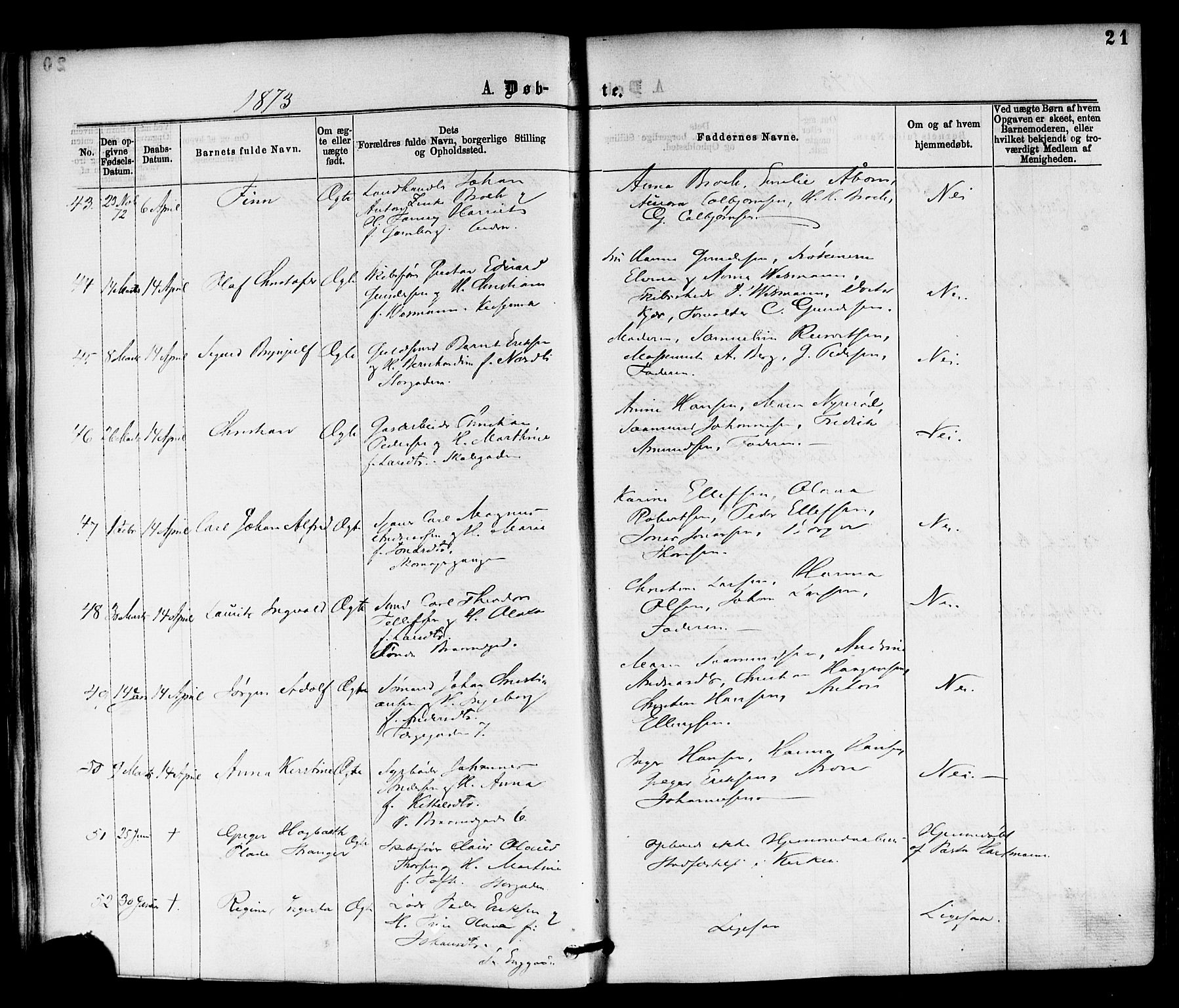 Horten kirkebøker, AV/SAKO-A-348/F/Fa/L0002: Ministerialbok nr. 2, 1872-1877, s. 21