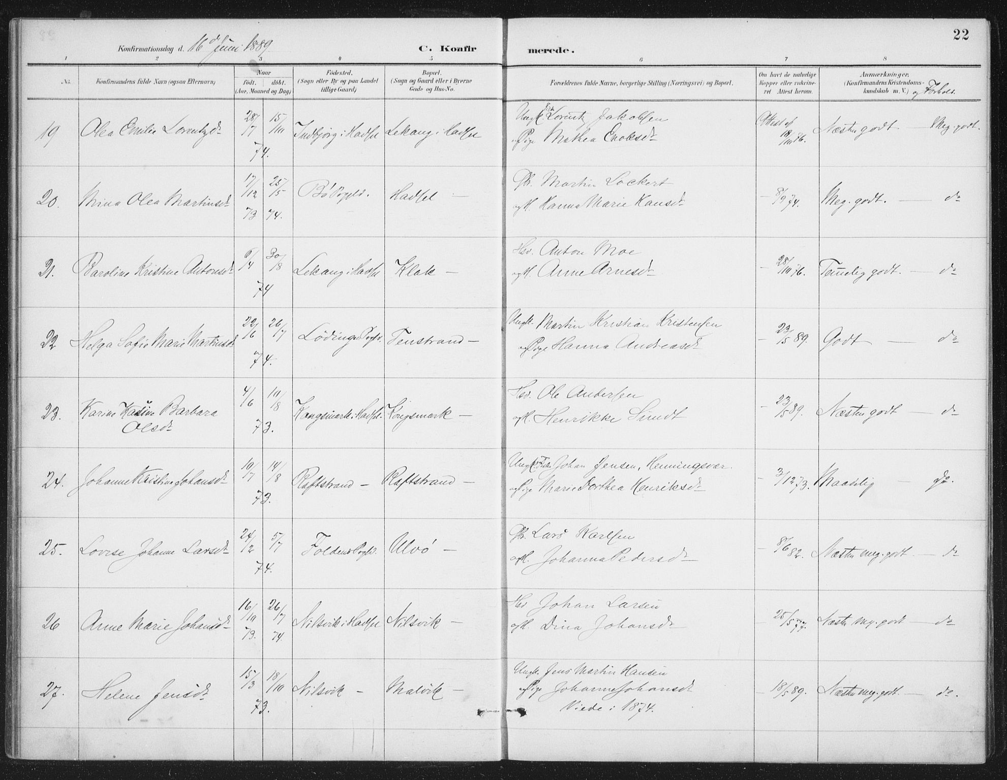 Ministerialprotokoller, klokkerbøker og fødselsregistre - Nordland, AV/SAT-A-1459/888/L1245: Ministerialbok nr. 888A11, 1888-1900, s. 22