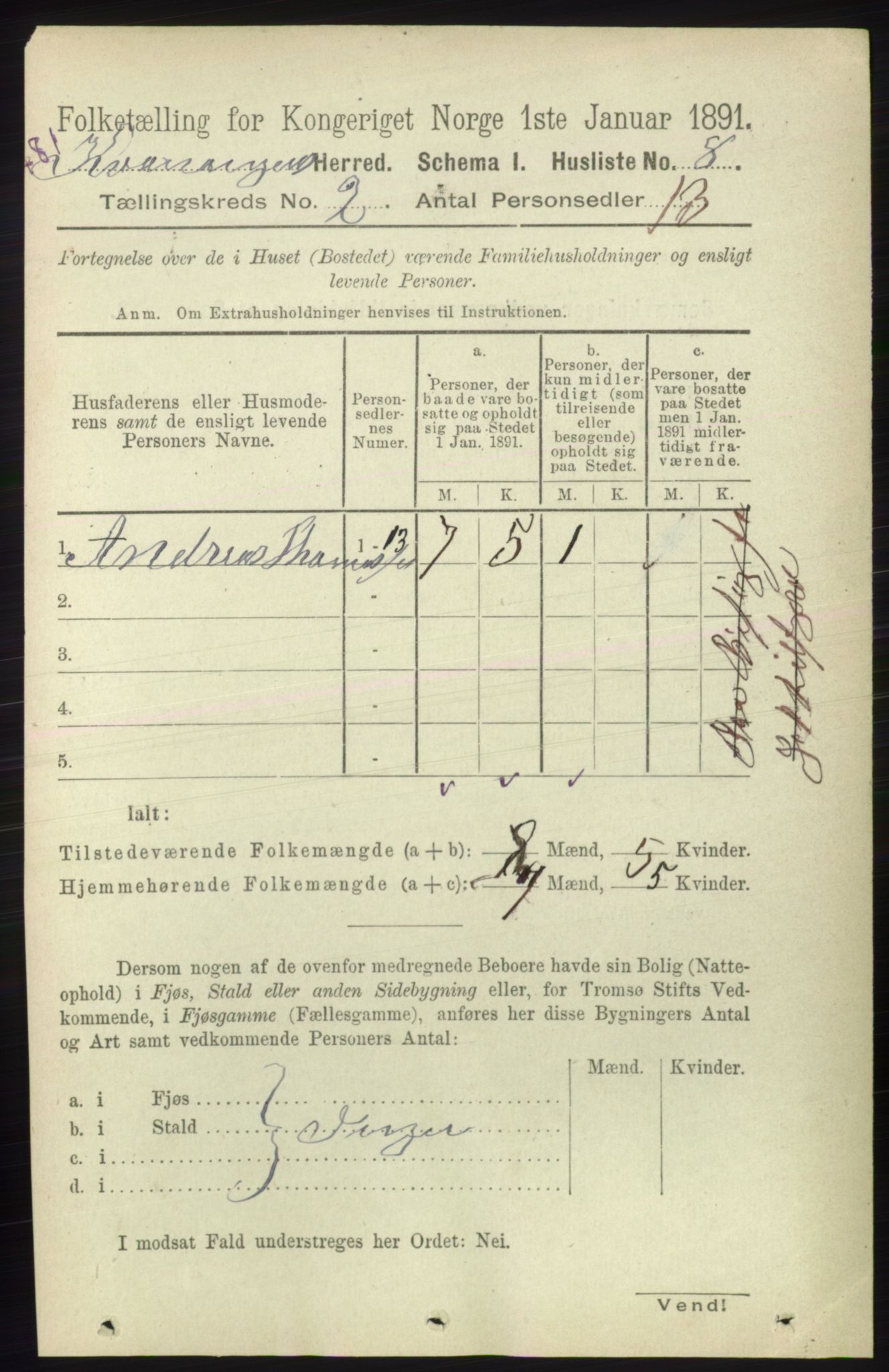 RA, Folketelling 1891 for 1943 Kvænangen herred, 1891, s. 332