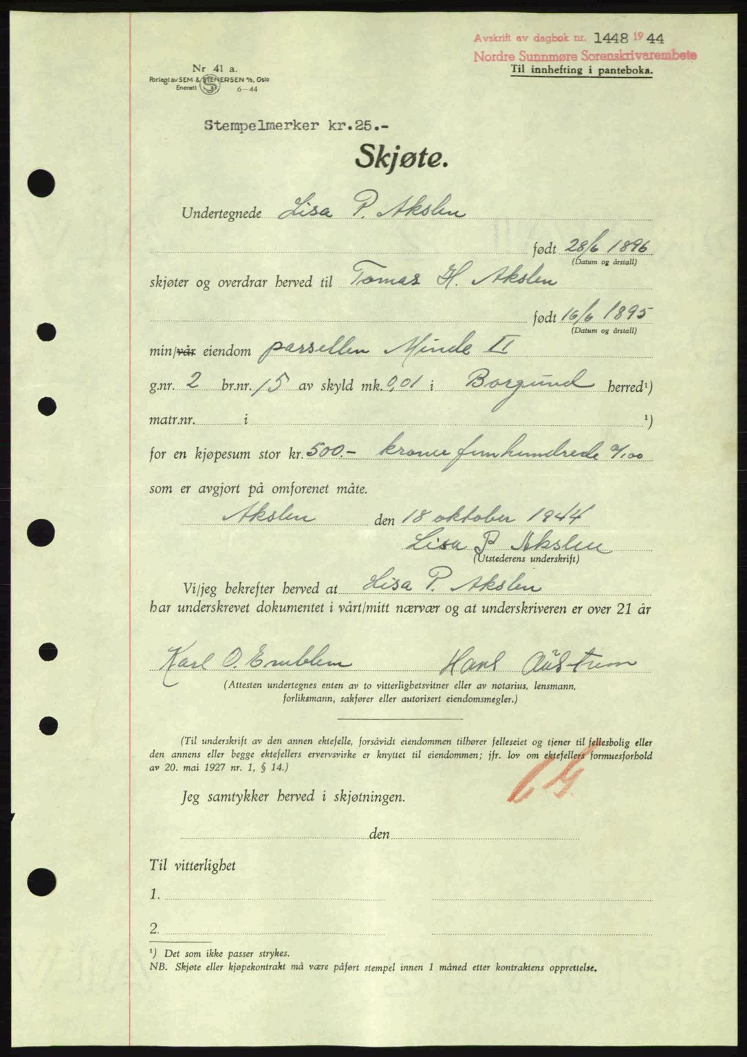 Nordre Sunnmøre sorenskriveri, AV/SAT-A-0006/1/2/2C/2Ca: Pantebok nr. A19, 1944-1945, Dagboknr: 1448/1944