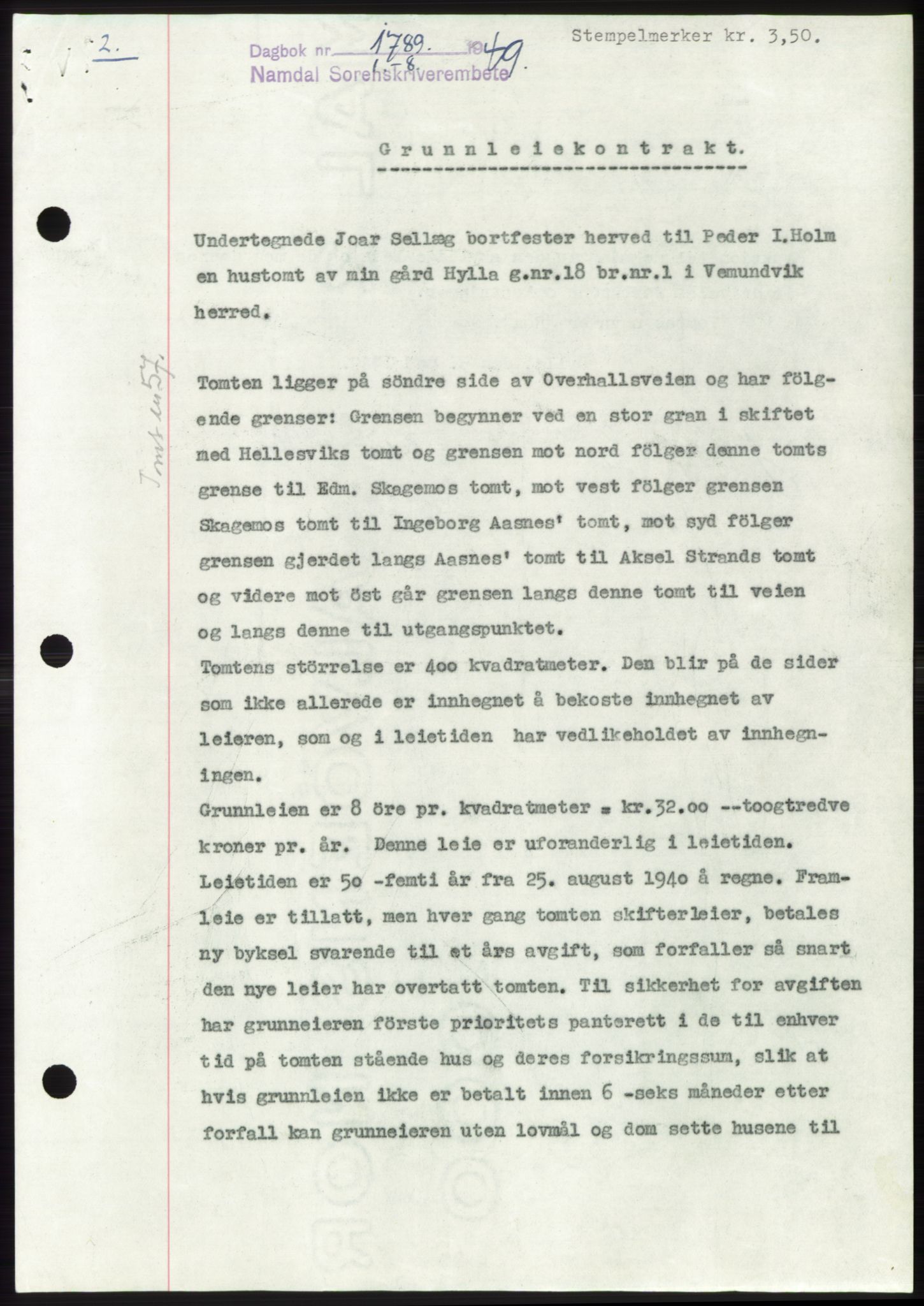 Namdal sorenskriveri, SAT/A-4133/1/2/2C: Pantebok nr. -, 1949-1949, Dagboknr: 1789/1949