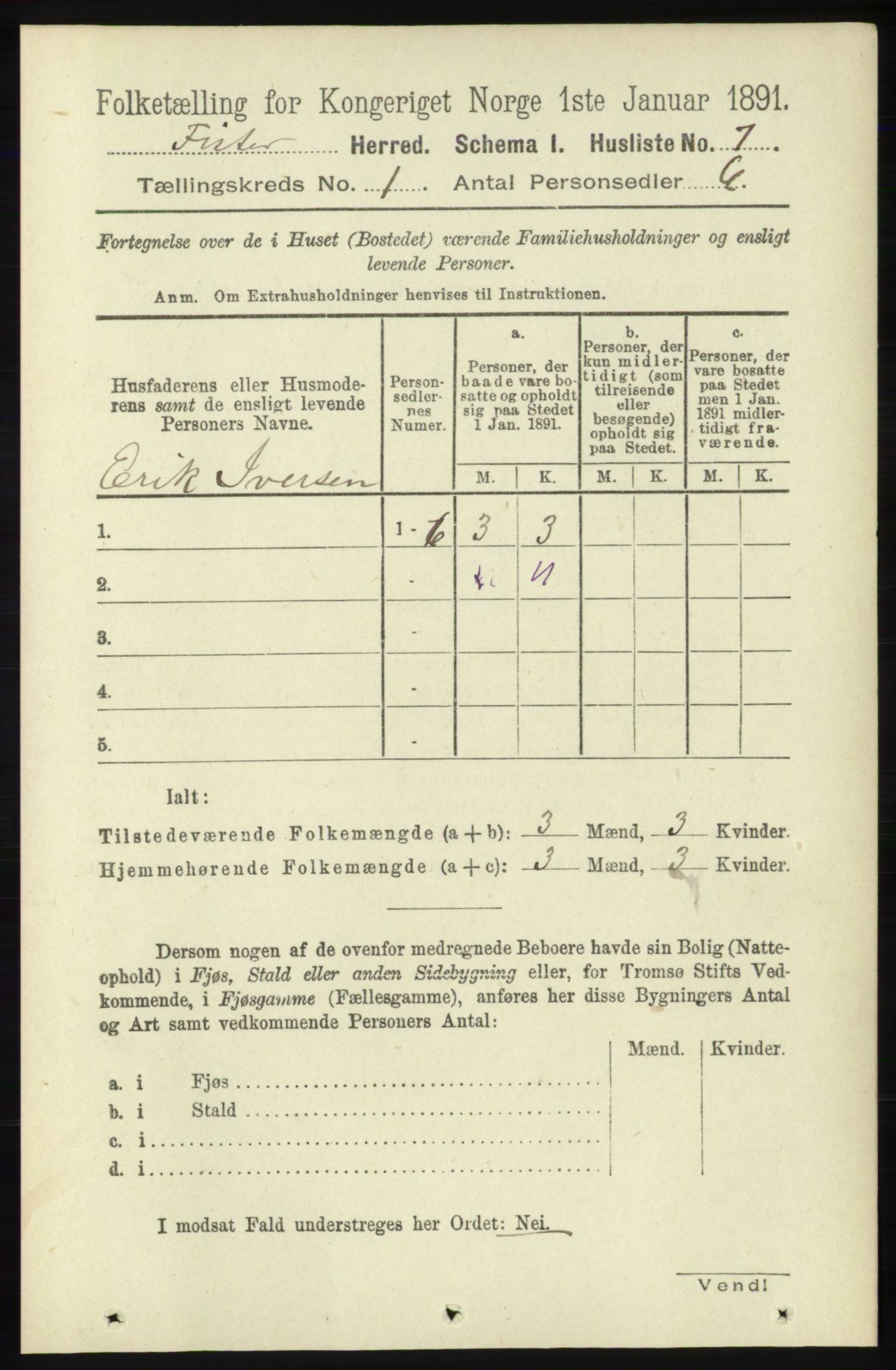 RA, Folketelling 1891 for 1132 Fister herred, 1891, s. 20