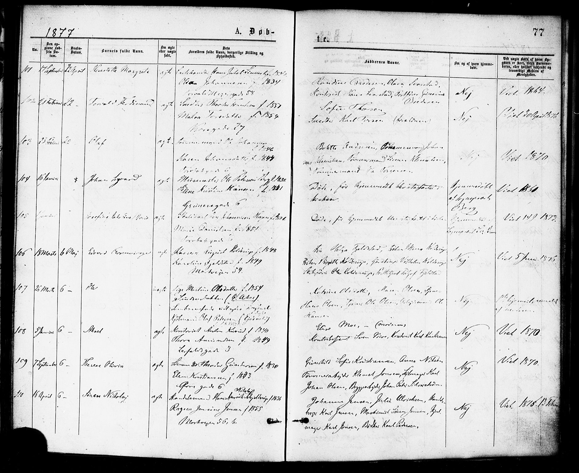 Paulus prestekontor Kirkebøker, AV/SAO-A-10871/F/Fa/L0001: Ministerialbok nr. 1, 1875-1878, s. 77