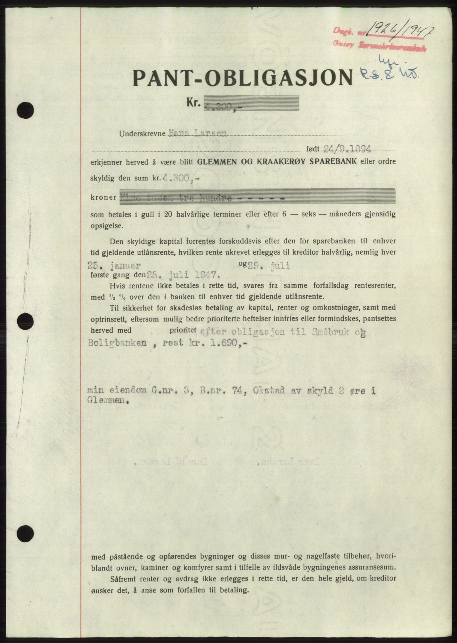 Onsøy sorenskriveri, SAO/A-10474/G/Ga/Gac/L0006: Pantebok nr. B 12-6, 1947-1948, Dagboknr: 1926/1947