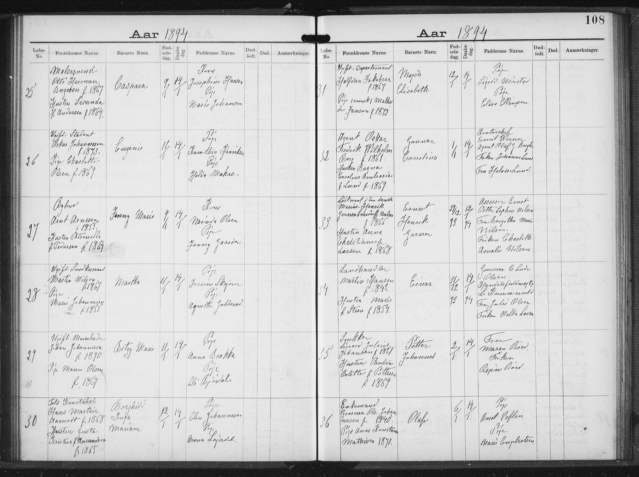 Rikshospitalet prestekontor Kirkebøker, AV/SAO-A-10309b/K/L0004/0001: Dåpsbok nr. 4.1, 1892-1895, s. 108