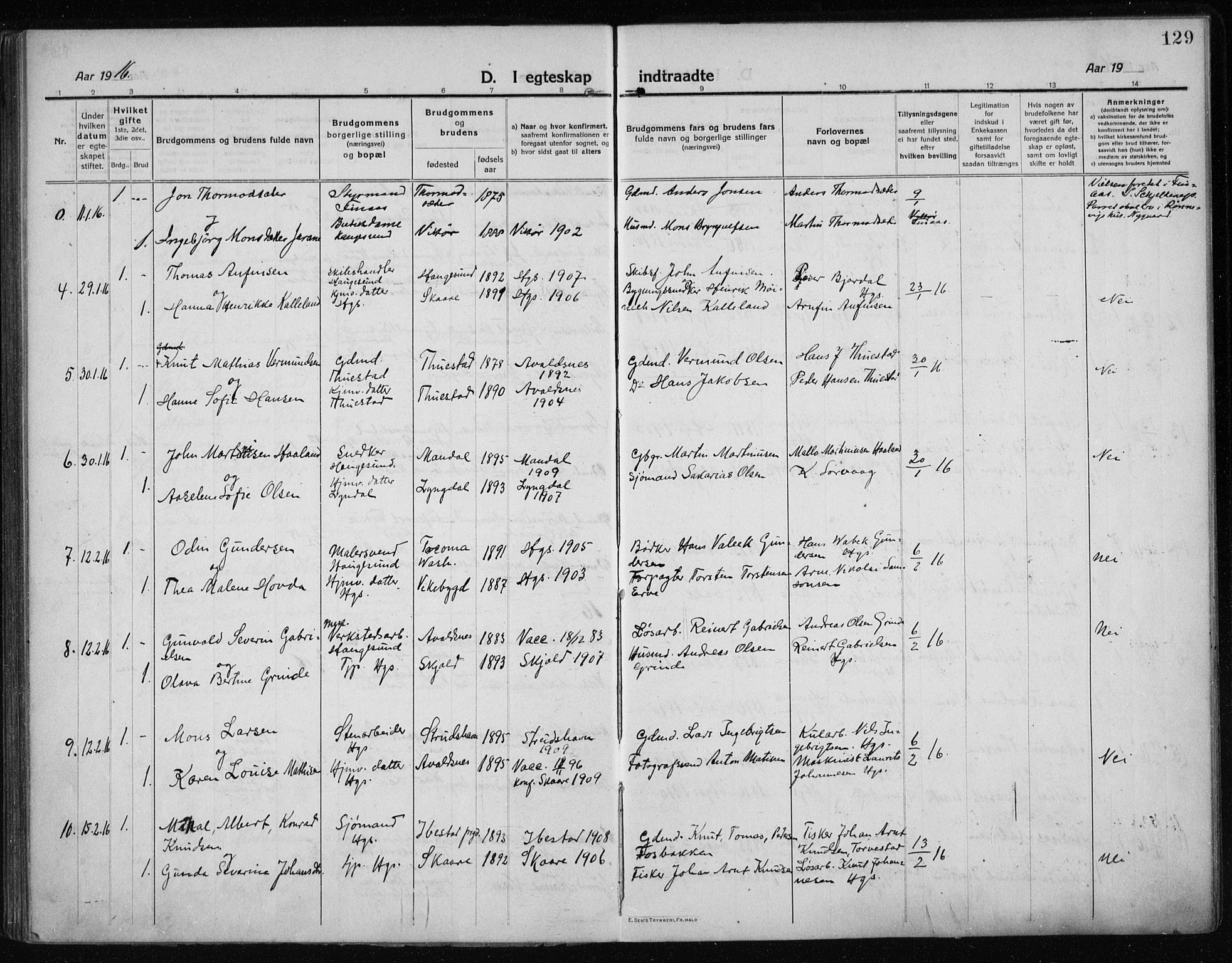 Haugesund sokneprestkontor, AV/SAST-A -101863/H/Ha/Haa/L0009: Ministerialbok nr. A 9, 1914-1929, s. 129
