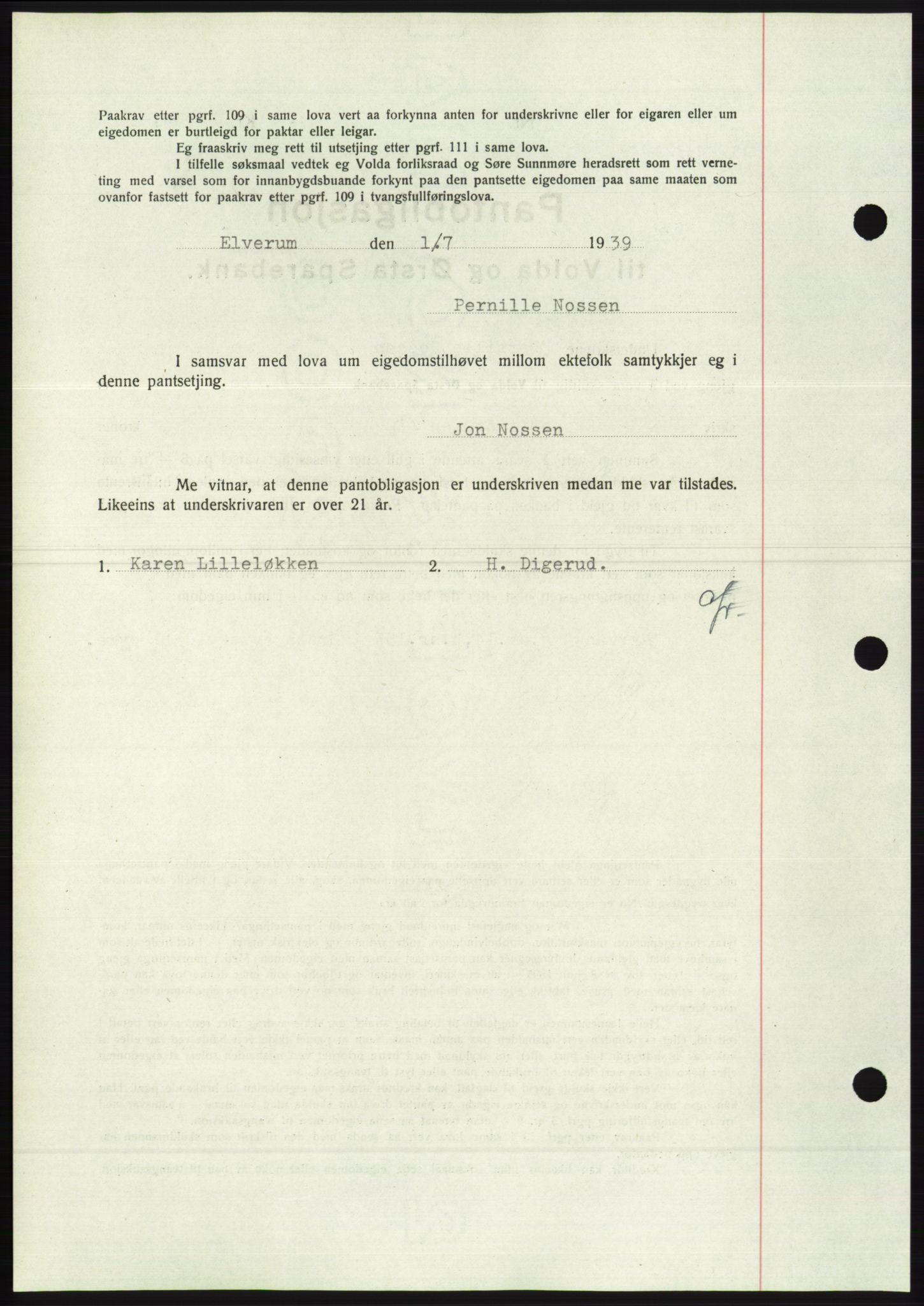 Søre Sunnmøre sorenskriveri, AV/SAT-A-4122/1/2/2C/L0068: Pantebok nr. 62, 1939-1939, Dagboknr: 1166/1939