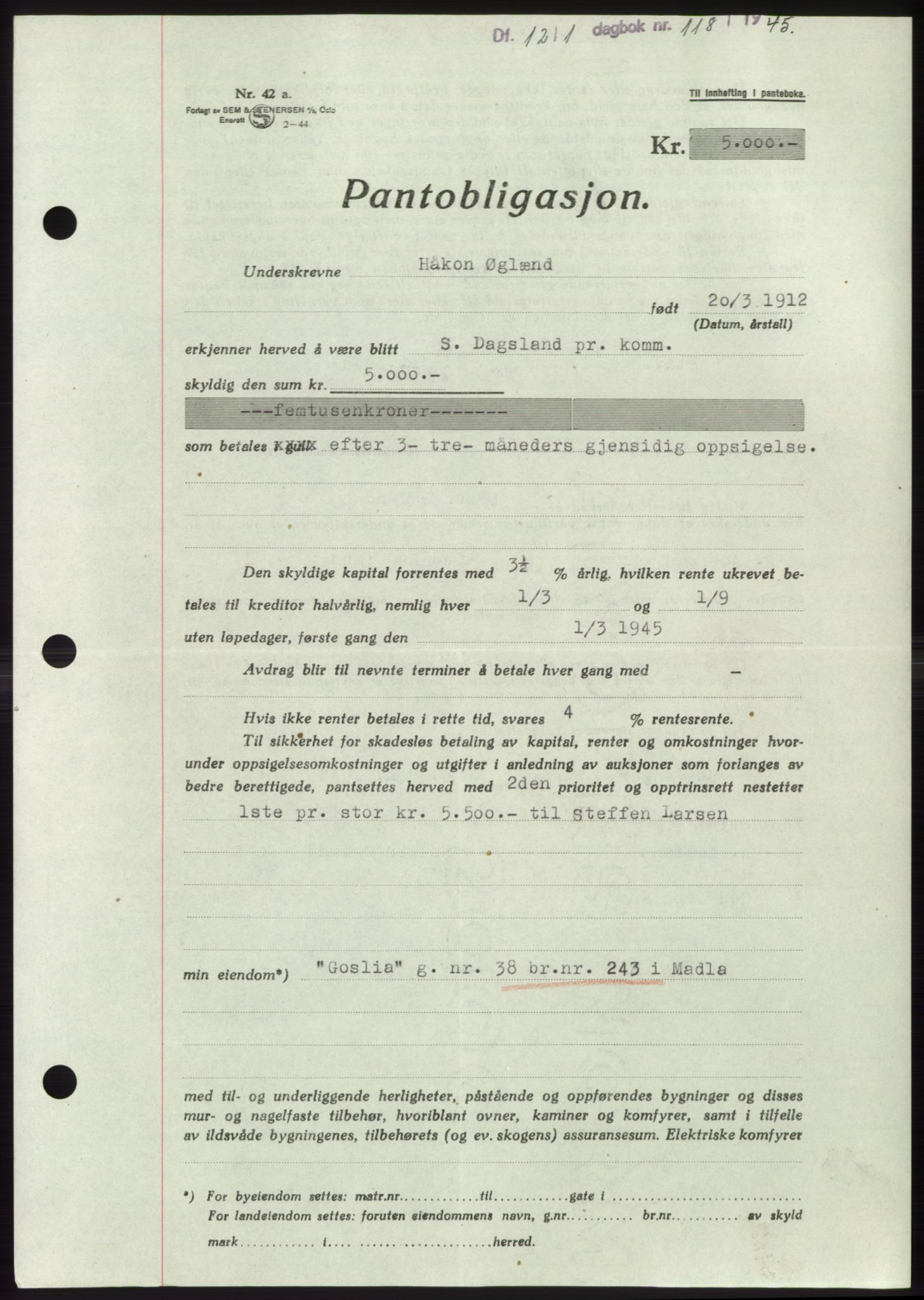 Jæren sorenskriveri, SAST/A-100310/03/G/Gba/L0087: Pantebok, 1944-1945, Dagboknr: 118/1945