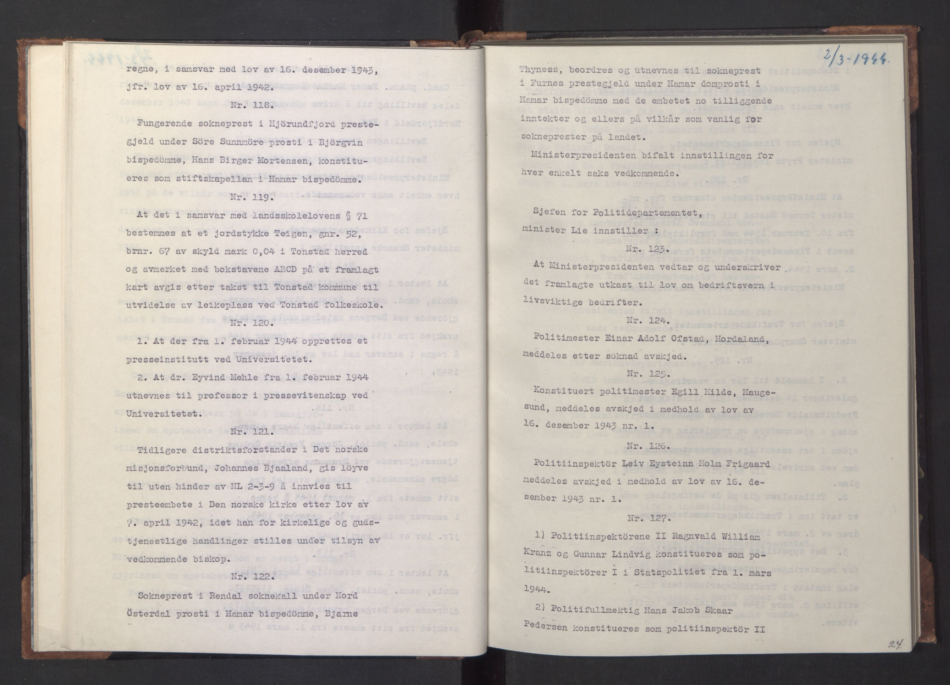 NS-administrasjonen 1940-1945 (Statsrådsekretariatet, de kommisariske statsråder mm), RA/S-4279/D/Da/L0005: Protokoll fra ministermøter, 1944, s. 26