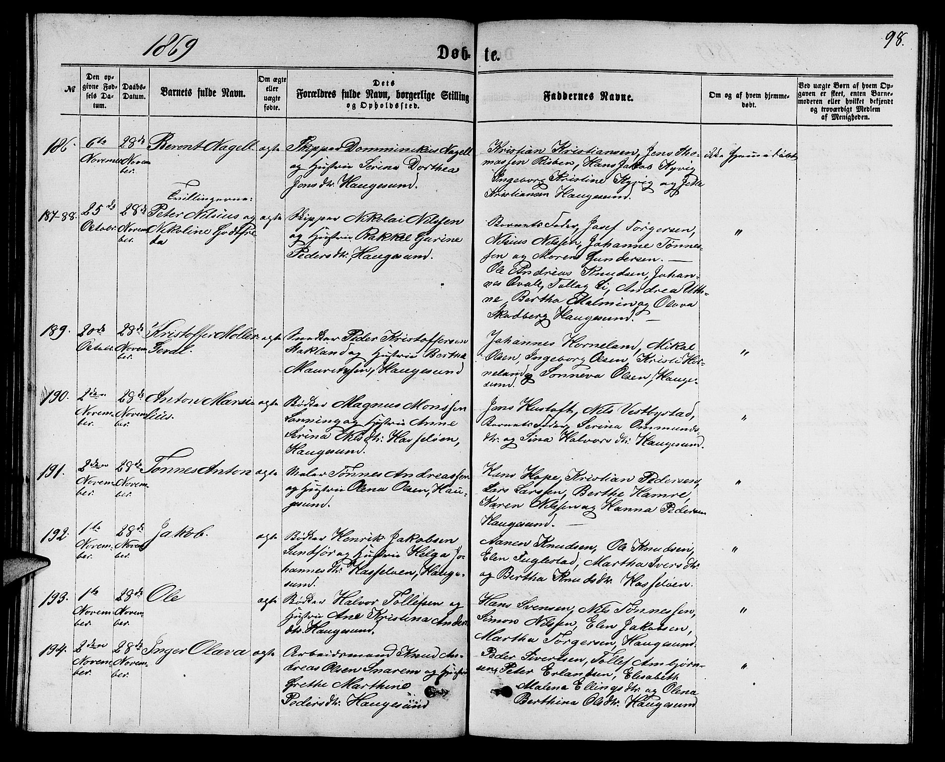 Torvastad sokneprestkontor, AV/SAST-A -101857/H/Ha/Hab/L0007: Klokkerbok nr. B 7, 1866-1873, s. 98