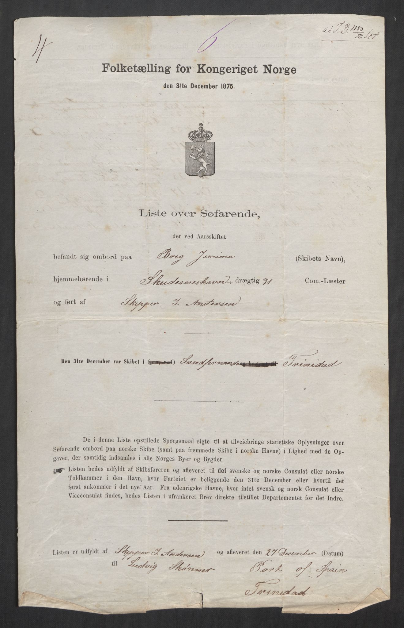 RA, Folketelling 1875, skipslister: Skip i utenrikske havner, hjemmehørende i 1) byer og ladesteder, Grimstad - Tromsø, 2) landdistrikter, 1875, s. 755