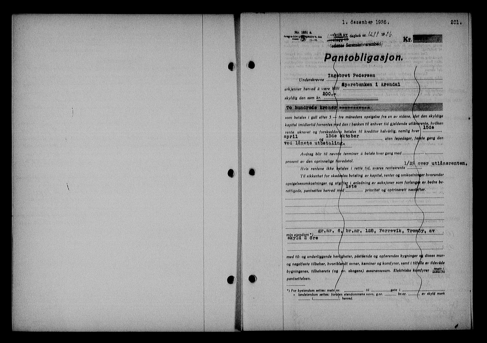 Nedenes sorenskriveri, AV/SAK-1221-0006/G/Gb/Gba/L0043: Pantebok nr. 39, 1936-1937, Dagboknr: 1288/1936