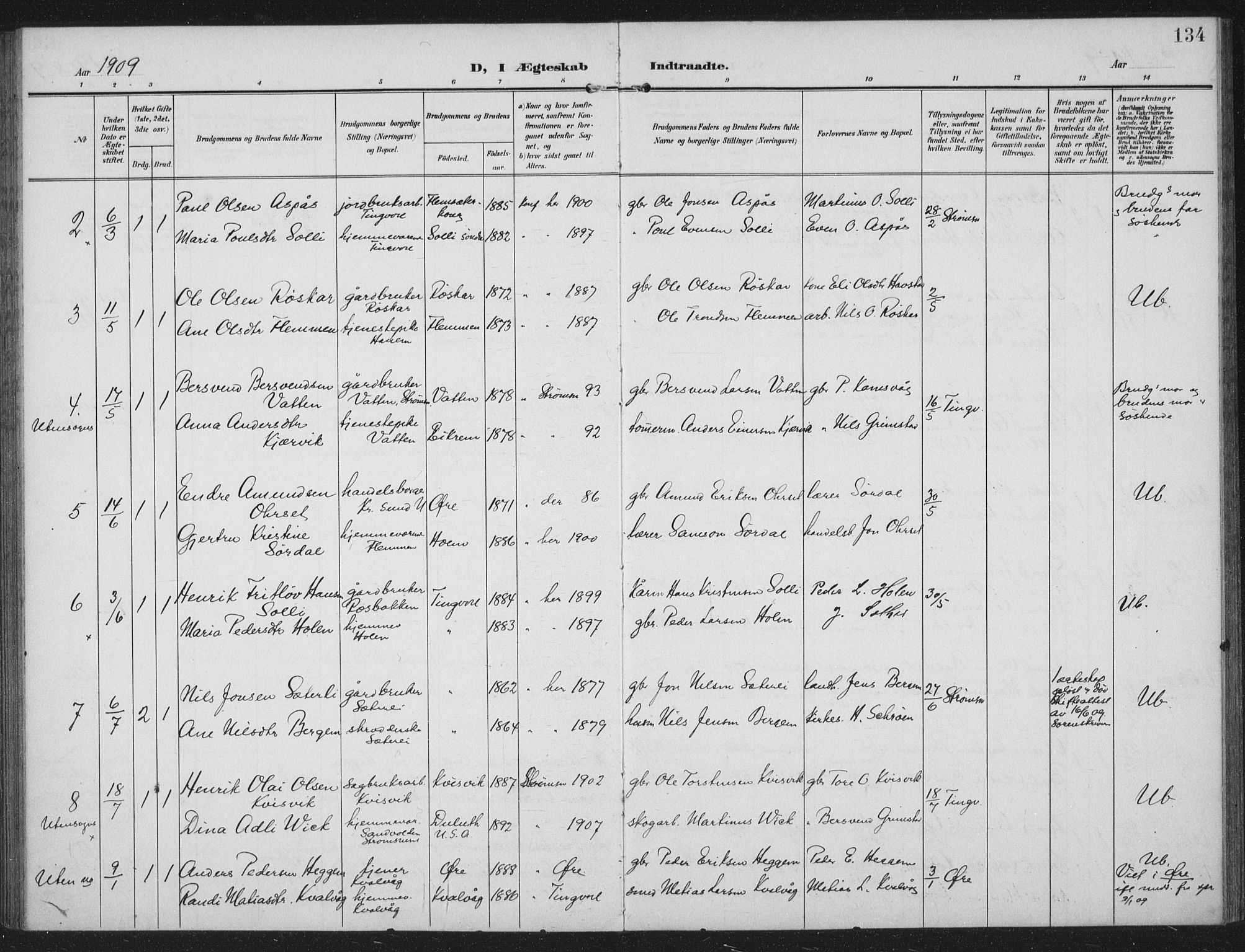 Ministerialprotokoller, klokkerbøker og fødselsregistre - Møre og Romsdal, AV/SAT-A-1454/586/L0989: Ministerialbok nr. 586A15, 1906-1915, s. 134