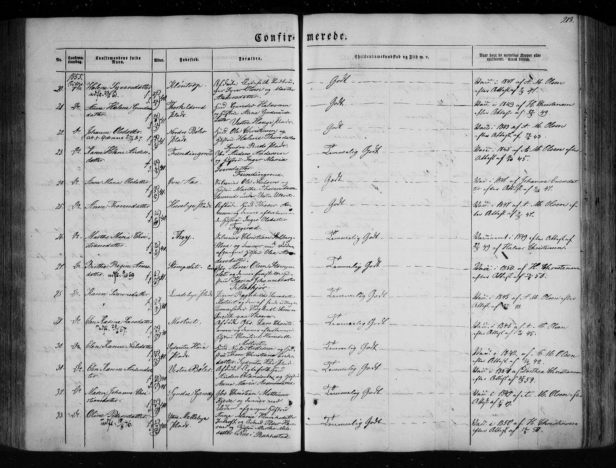 Eidsberg prestekontor Kirkebøker, AV/SAO-A-10905/F/Fa/L0009: Ministerialbok nr. I 9, 1849-1856, s. 218