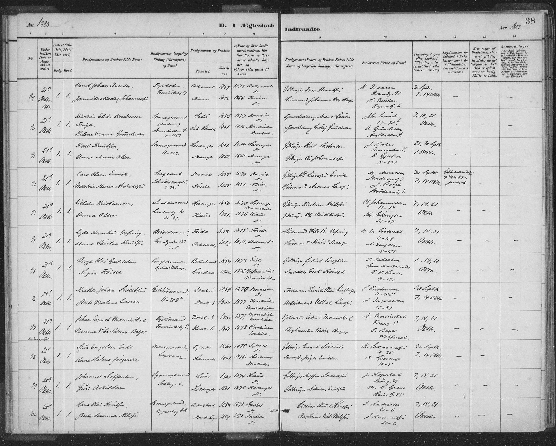 Domkirken sokneprestembete, AV/SAB-A-74801/H/Hab/L0032: Klokkerbok nr. D 4, 1880-1907, s. 38