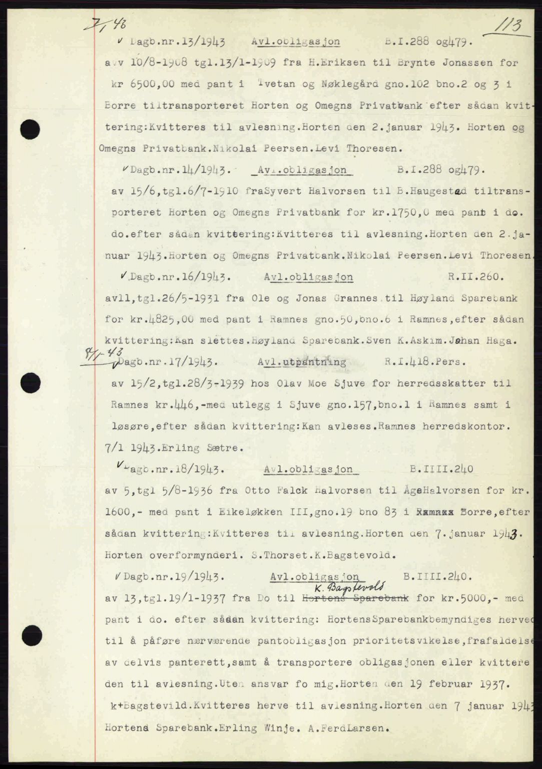 Horten sorenskriveri, SAKO/A-133/G/Ga/Gab/L0003: Pantebok nr. B-5 - B-6, 1941-1943, Dagboknr: 13/1943