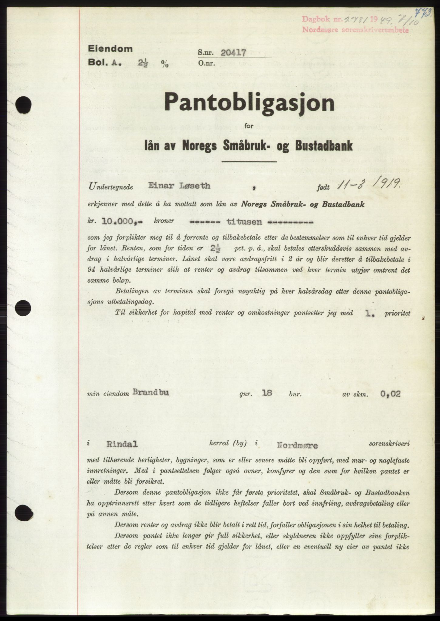 Nordmøre sorenskriveri, AV/SAT-A-4132/1/2/2Ca: Pantebok nr. B102, 1949-1949, Dagboknr: 2781/1949