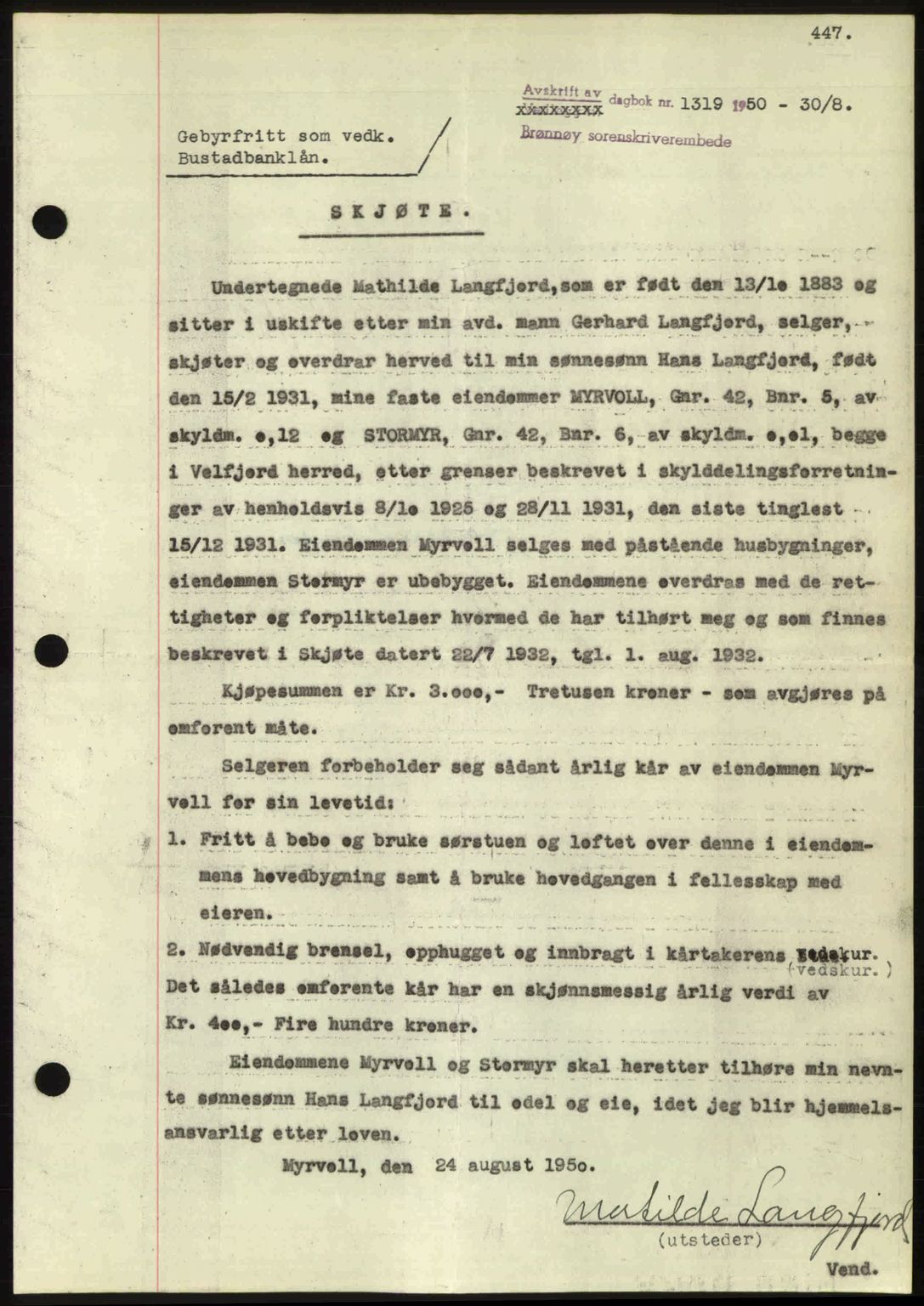 Brønnøy sorenskriveri, SAT/A-4170/1/2/2C: Pantebok nr. 36, 1950-1950, Dagboknr: 1319/1950