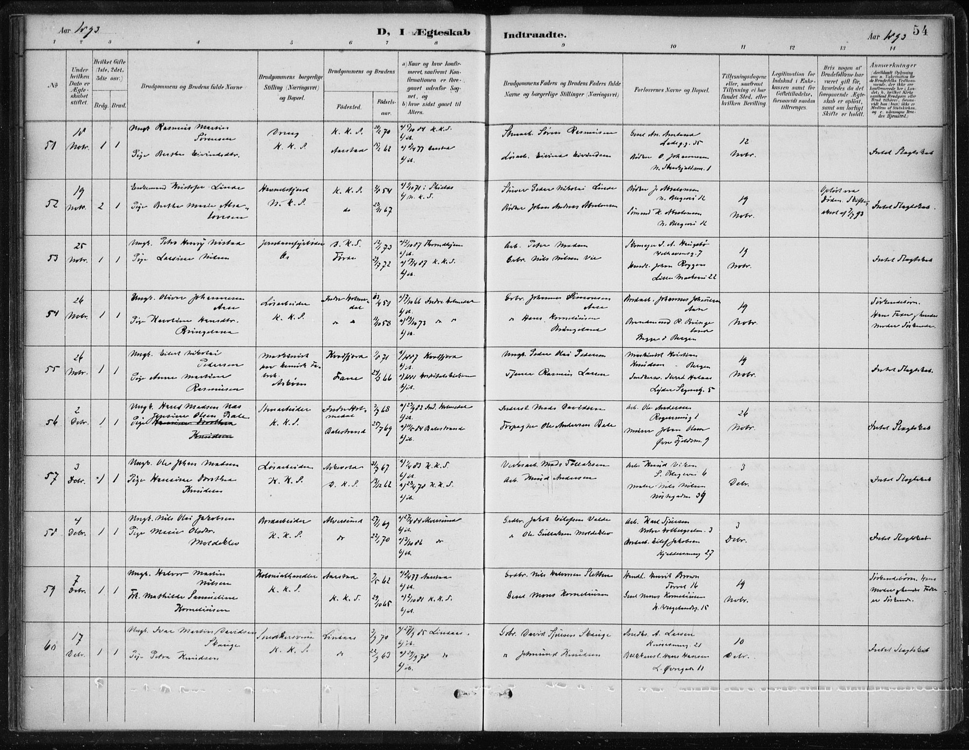 Korskirken sokneprestembete, AV/SAB-A-76101/H/Hab: Klokkerbok nr. D 3, 1887-1906, s. 54