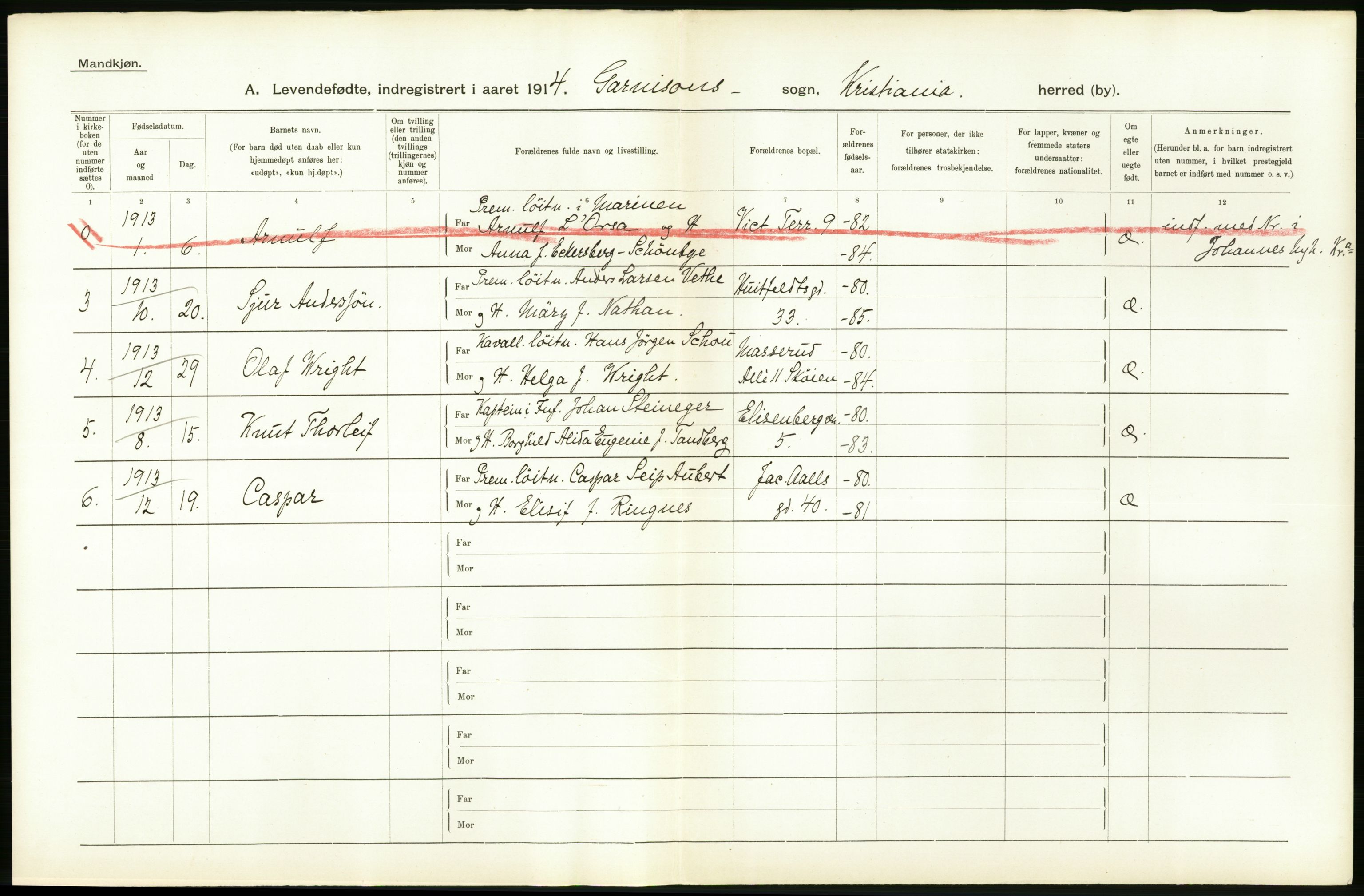 Statistisk sentralbyrå, Sosiodemografiske emner, Befolkning, AV/RA-S-2228/D/Df/Dfb/Dfbd/L0005: Kristiania: Levendefødte menn og kvinner., 1914, s. 458