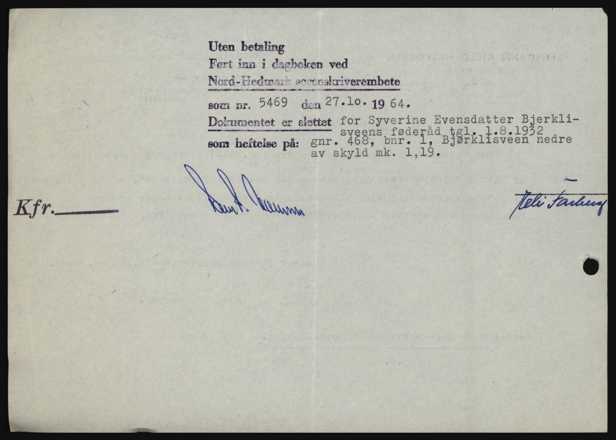 Nord-Hedmark sorenskriveri, SAH/TING-012/H/Hc/L0020: Pantebok nr. 20, 1964-1964, Dagboknr: 5469/1964