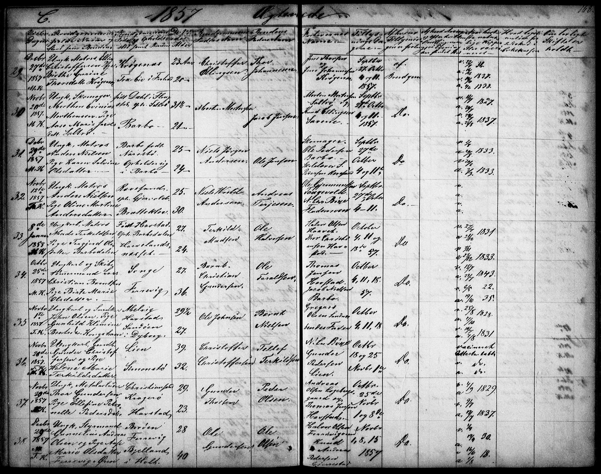 Tromøy sokneprestkontor, AV/SAK-1111-0041/F/Fb/L0002: Klokkerbok nr. B 2, 1851-1858, s. 168