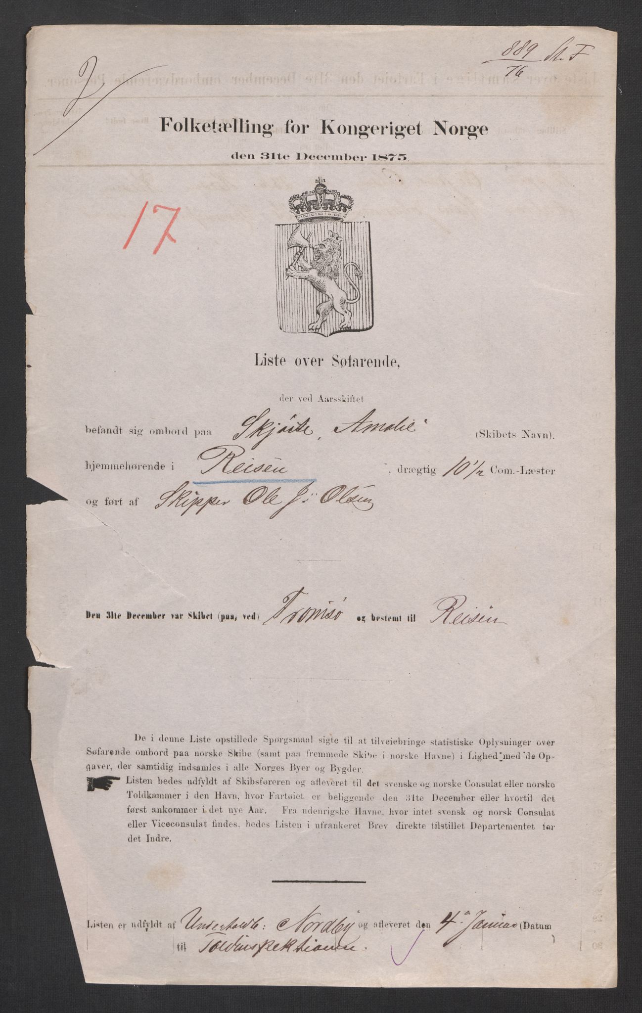 RA, Folketelling 1875, skipslister: Skip i innenrikske havner, hjemmehørende i 1) landdistrikter, 2) forskjellige steder, 3) utlandet, 1875, s. 374