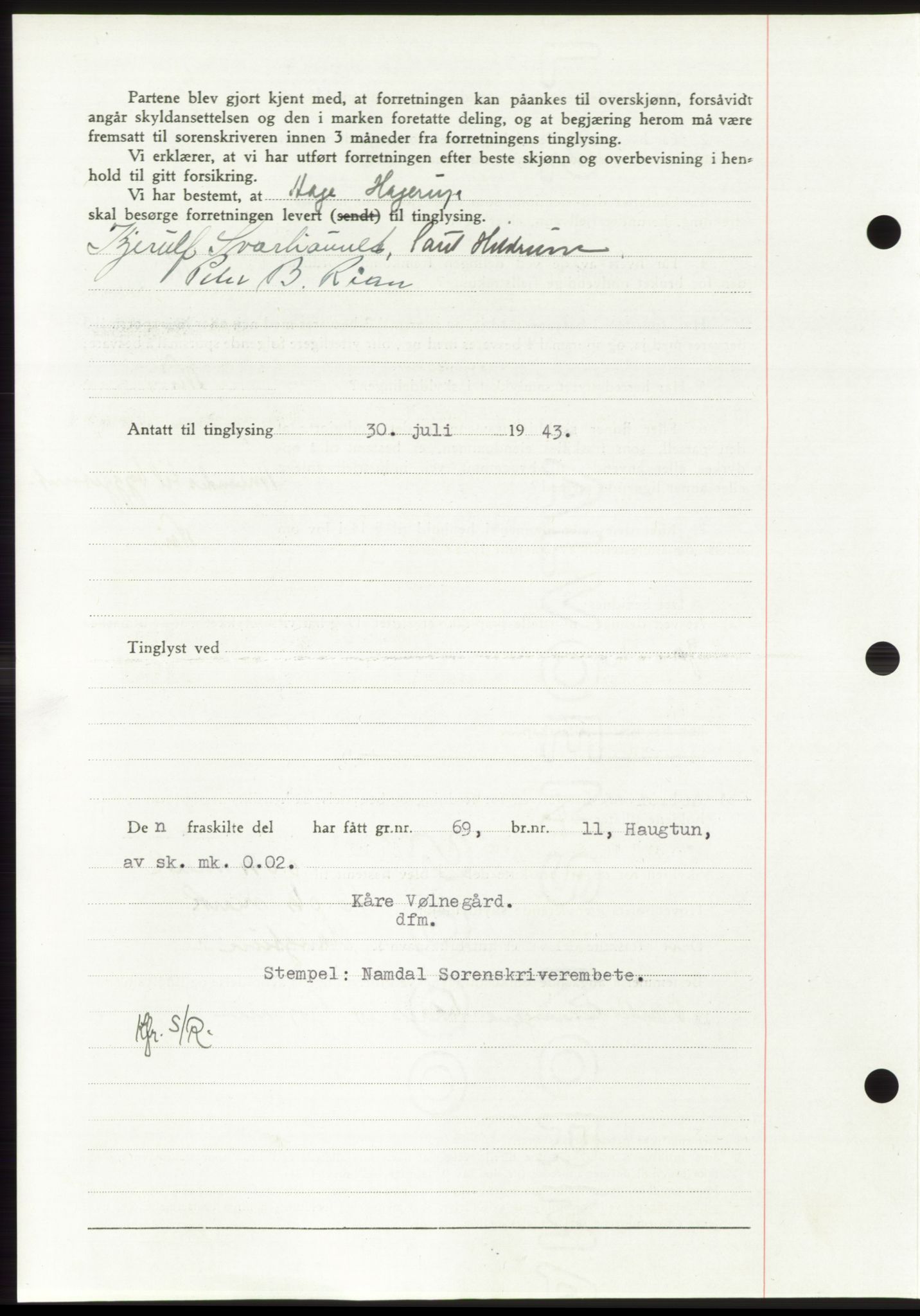 Namdal sorenskriveri, SAT/A-4133/1/2/2C: Pantebok nr. -, 1943-1944, Dagboknr: 1275/1943